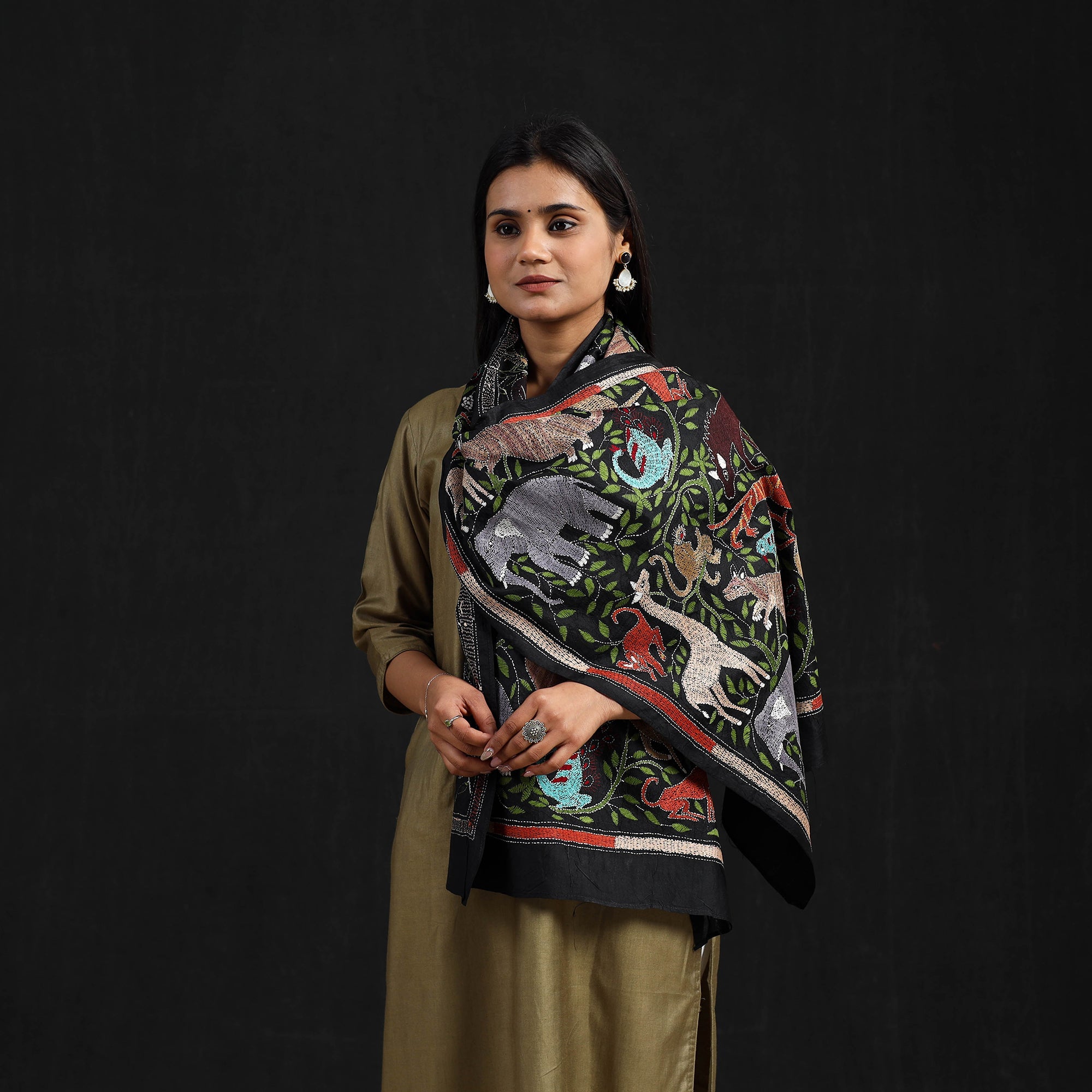 KHUSHBASH - HAPPY LOOM OF EAST Black - Handloom Silk Bengal Kantha Work Stole 25