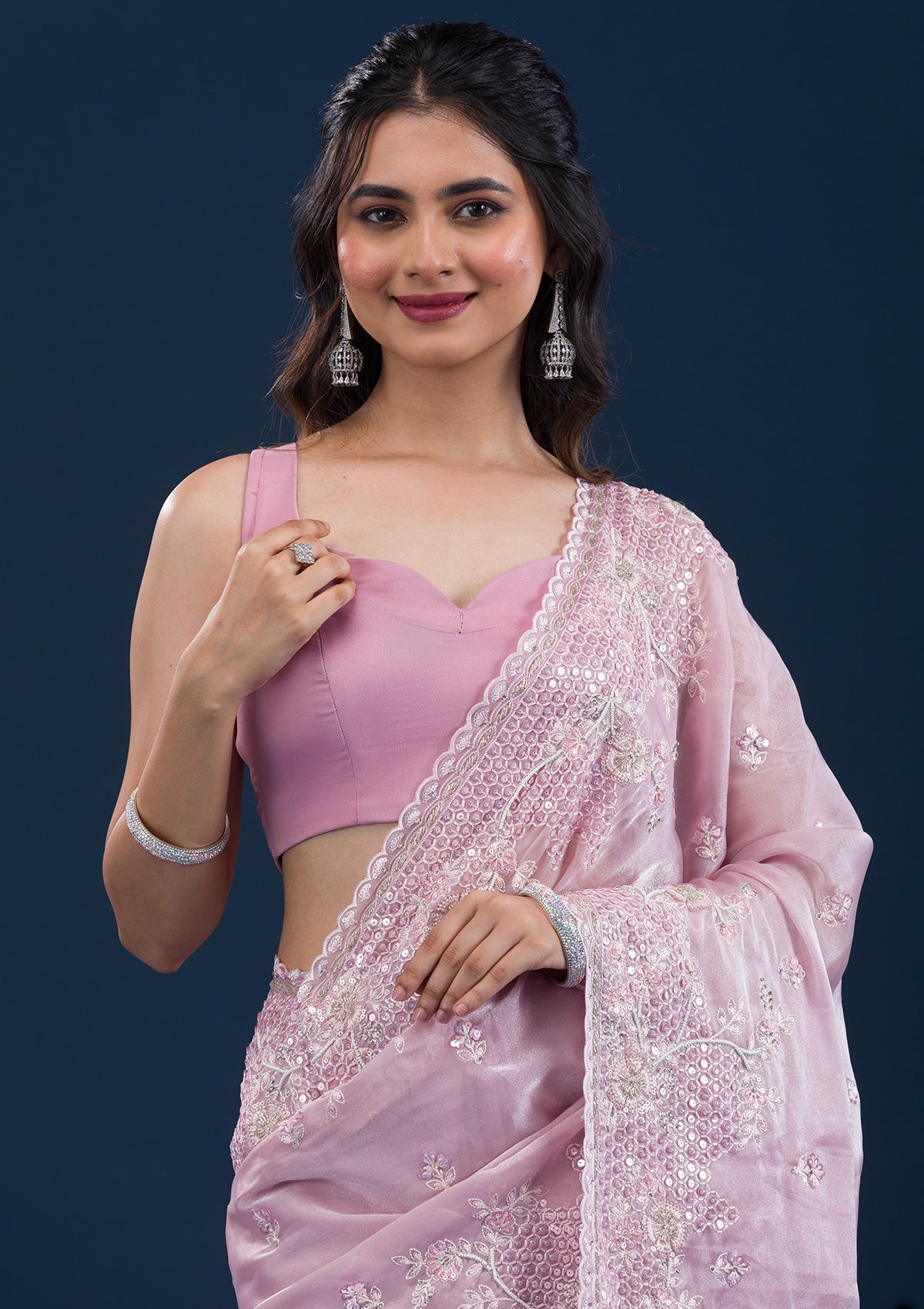 Koskii Onion Pink Sequins Tissue Saree – Women's - view 6