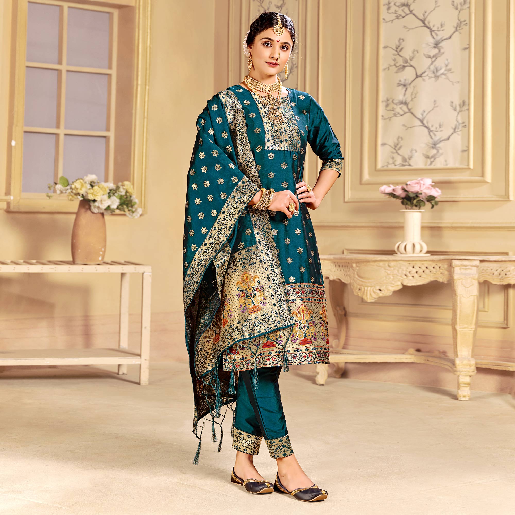 Peachmode Seller Morpich Floral Woven Tapetta Silk Salwar Suit - view 2