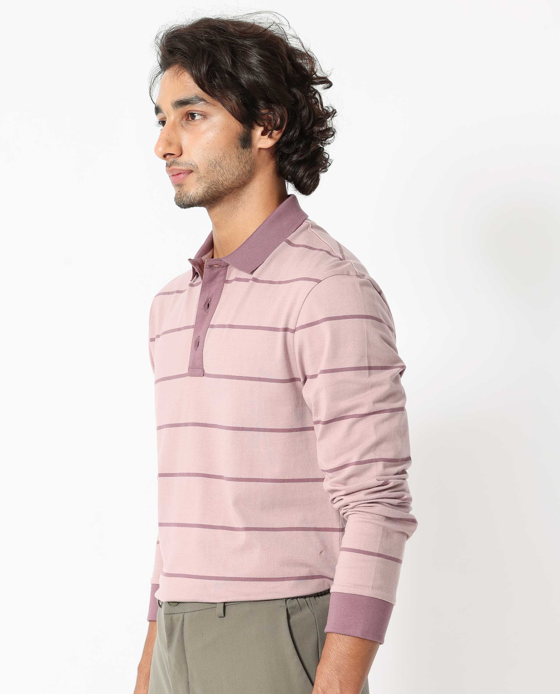 Rare Rabbit Men's Clove Dusky Pink Cotton Fabric Collared Neck Full Sleeves Striped Polo T-Shirt - view 6