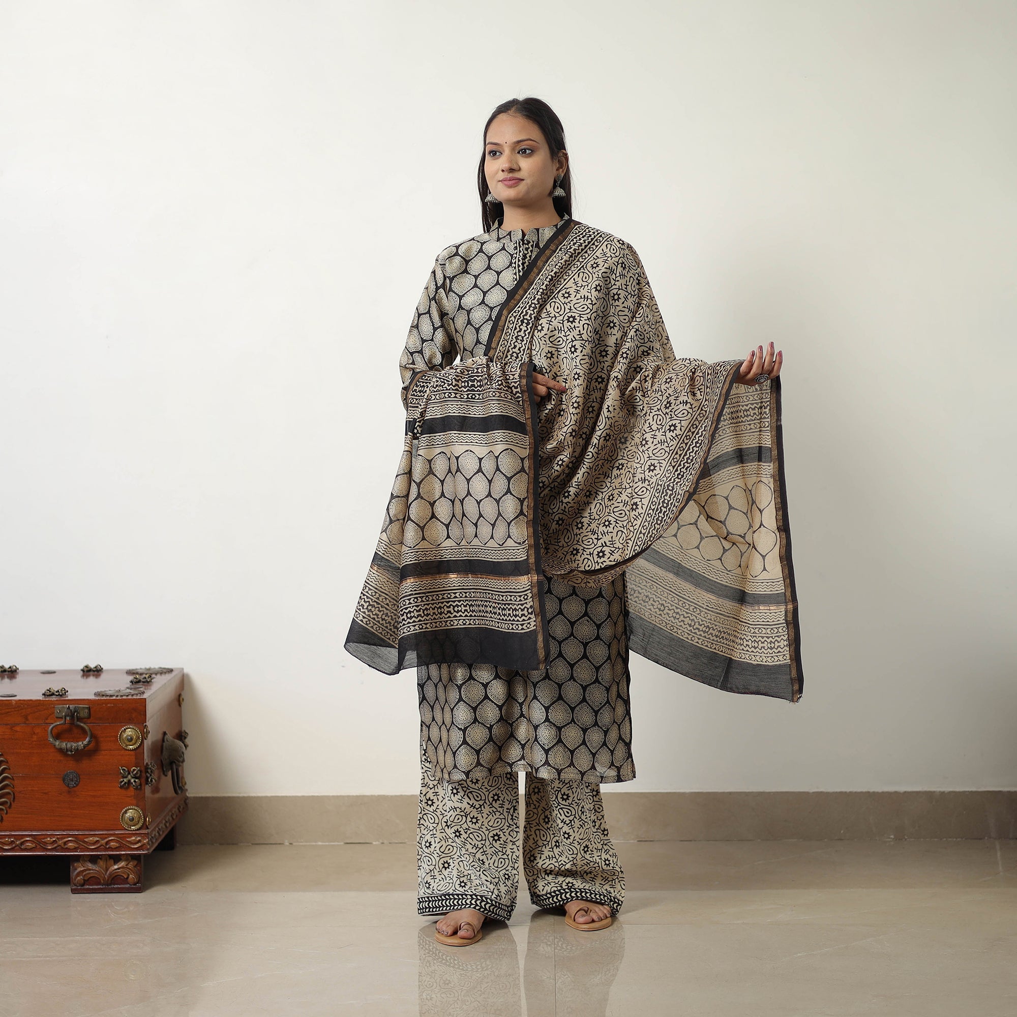 ITOKRI CASUALS Beige - Chanderi Silk Hand Block Bagru Print Kurta Set 08 - view 2