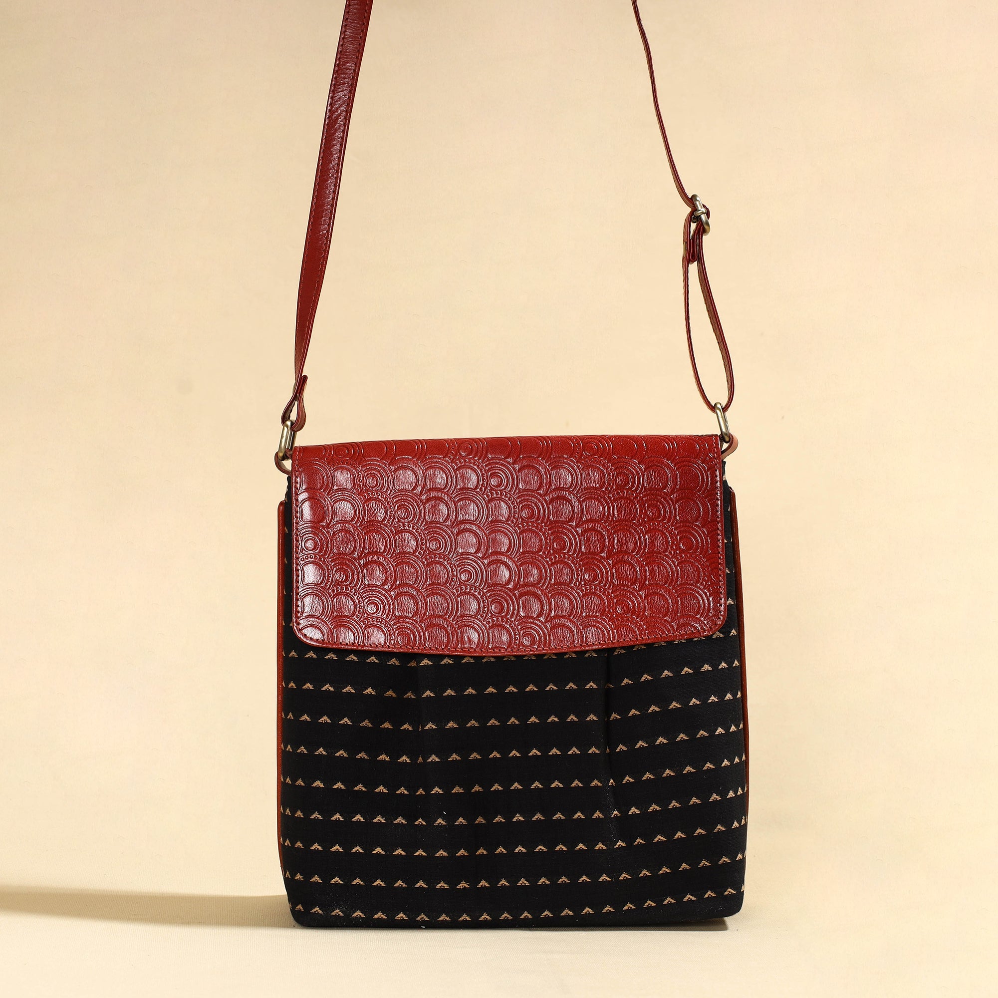 ASALKAAR Black - Handcrafted Jacquard Fabric Sling Bag with Embossed Leather Flap