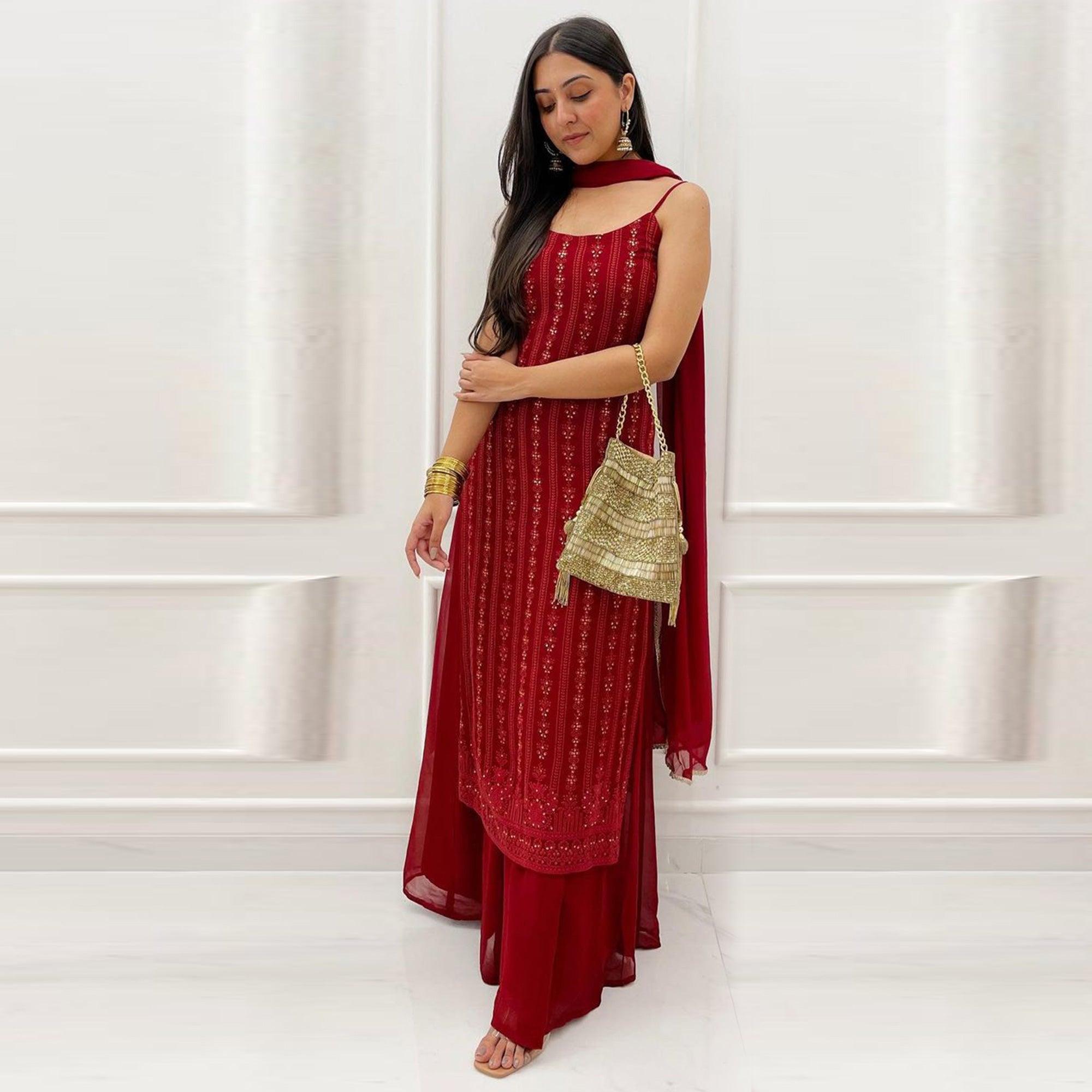 Peachmode Seller Light Maroon Partywear Lakhnavi Sequins Embroidered Georgette Palazzo Suit with Dupatta - view 3