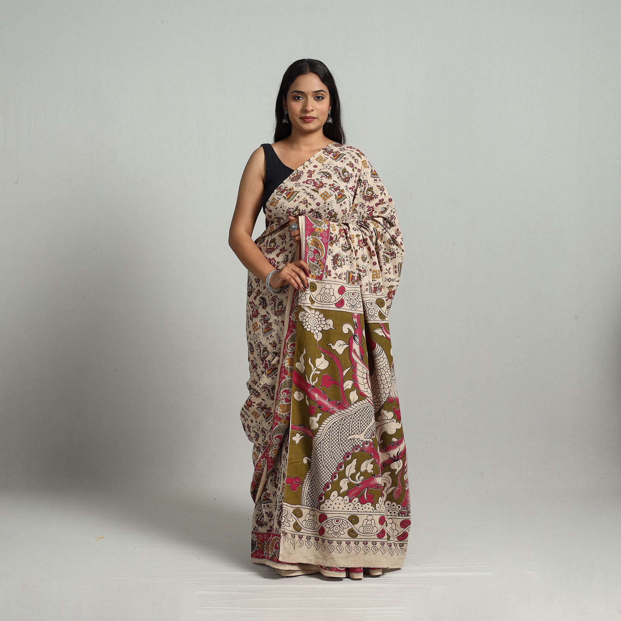 SOUTH KARGHA Beige - Kalamkari Print Cotton Saree with Blouse 13