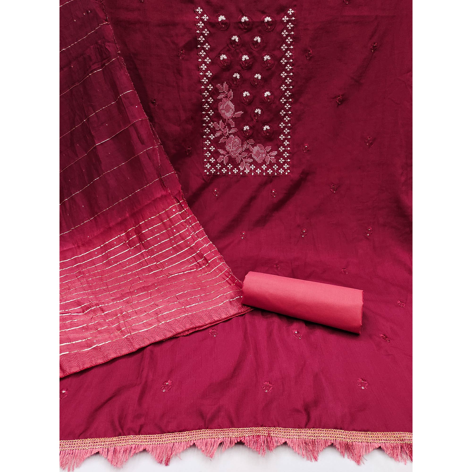 Peachmode Maroon Embroidered Art Silk Dress Material - view 4