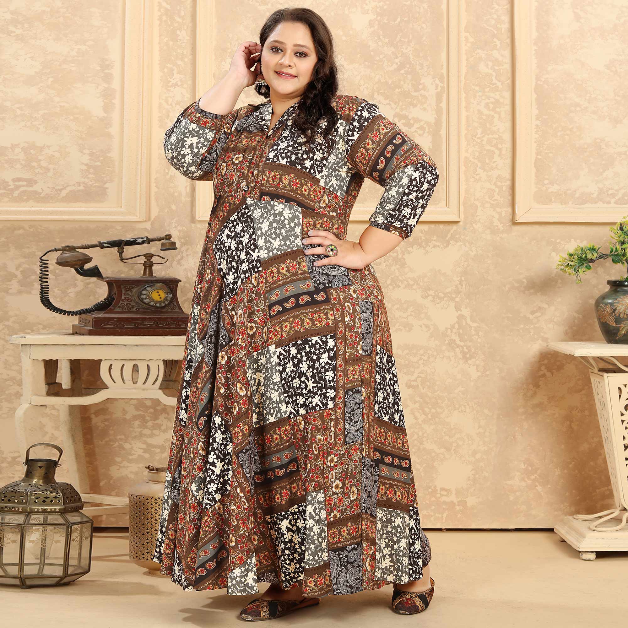 Peachmode Seller Brown Floral Printed Rayon Long Kurti - view 4