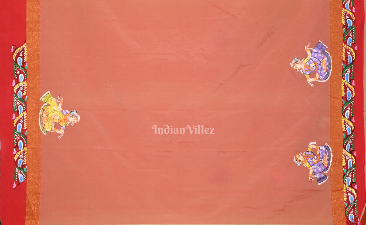 IndianVillèz Lemon Yellow Red Radha Krishna Raasleela Hand-Painted Pattachitra Saree - view 4