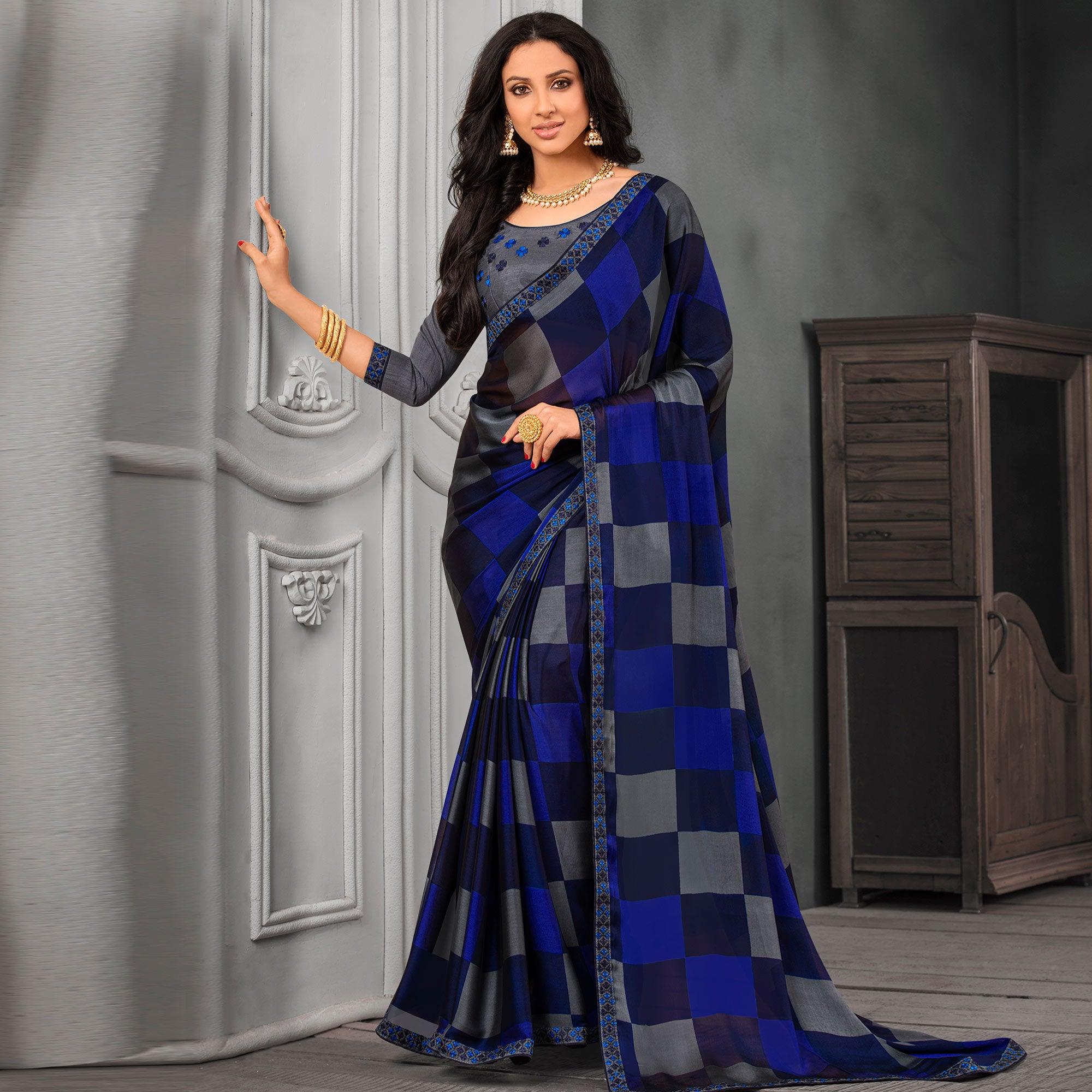 Peachmode Desirable Blue Colored Partywear Printed Chiffon Saree