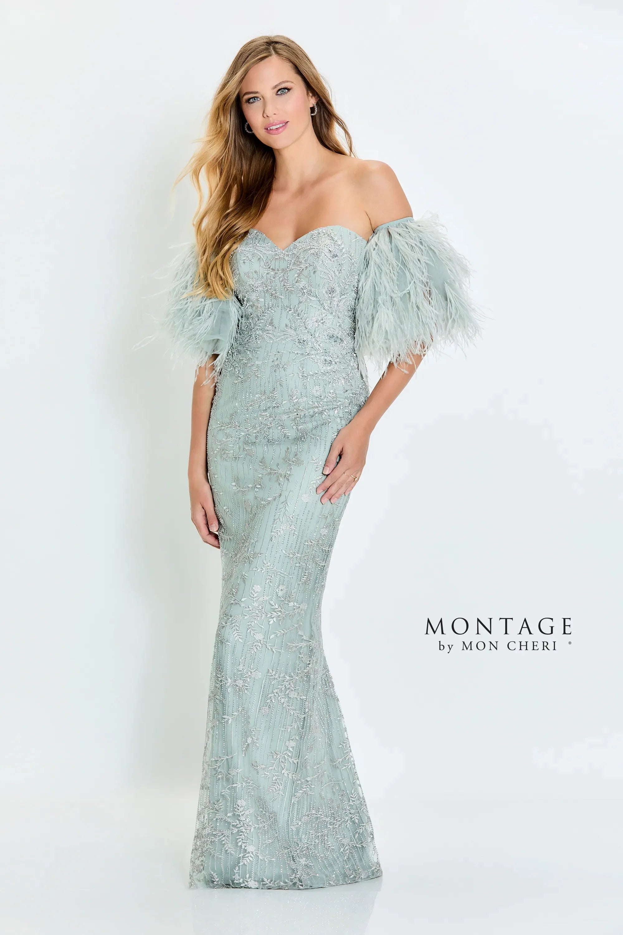 Montage M525 Fitted Long Formal Detachable Feather Sleeves Evening Dress - view 2