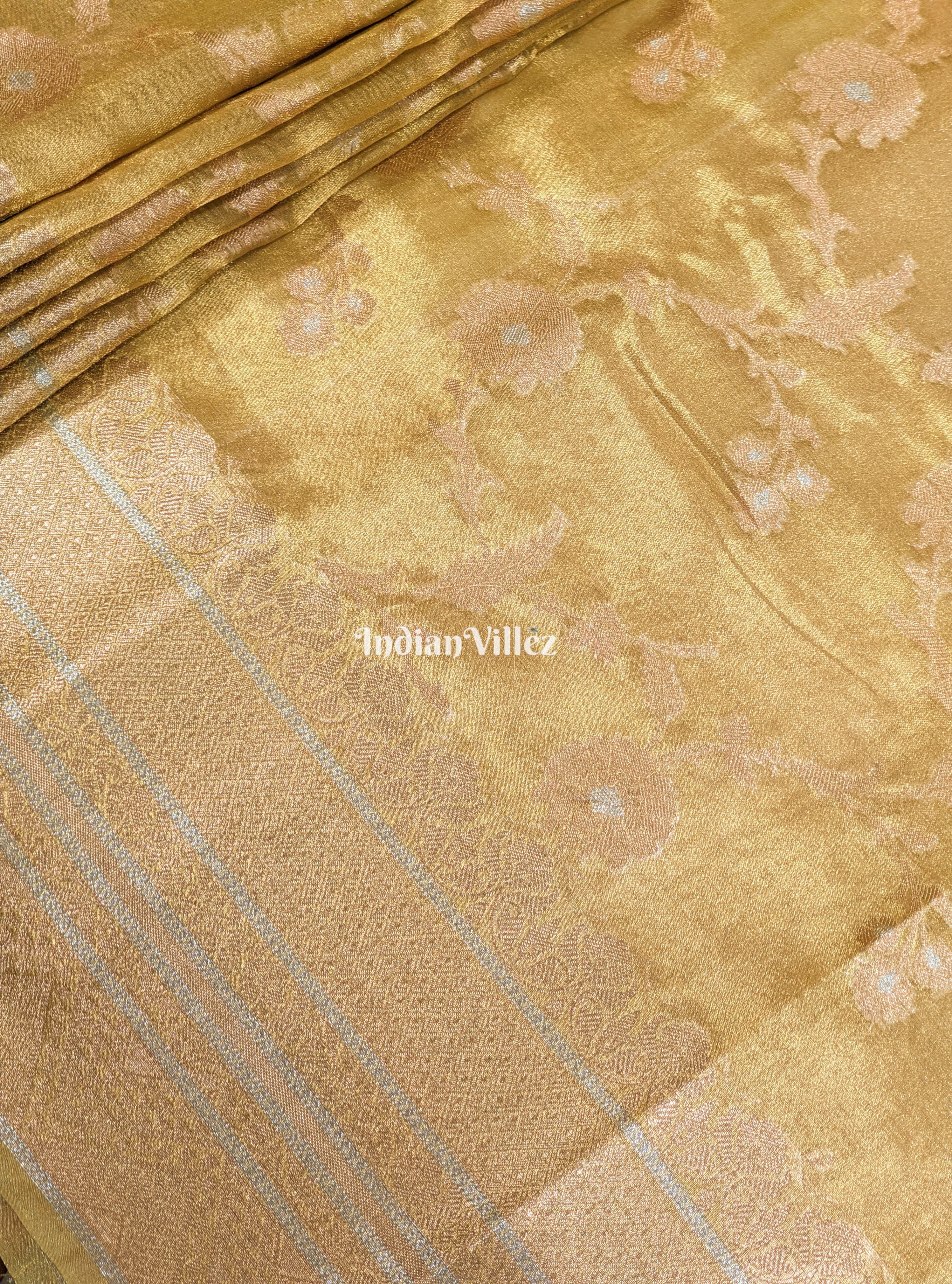 IndianVillèz Lemon Golden Dual Tone Zari Woven Banarasi Tissue Saree - view 3