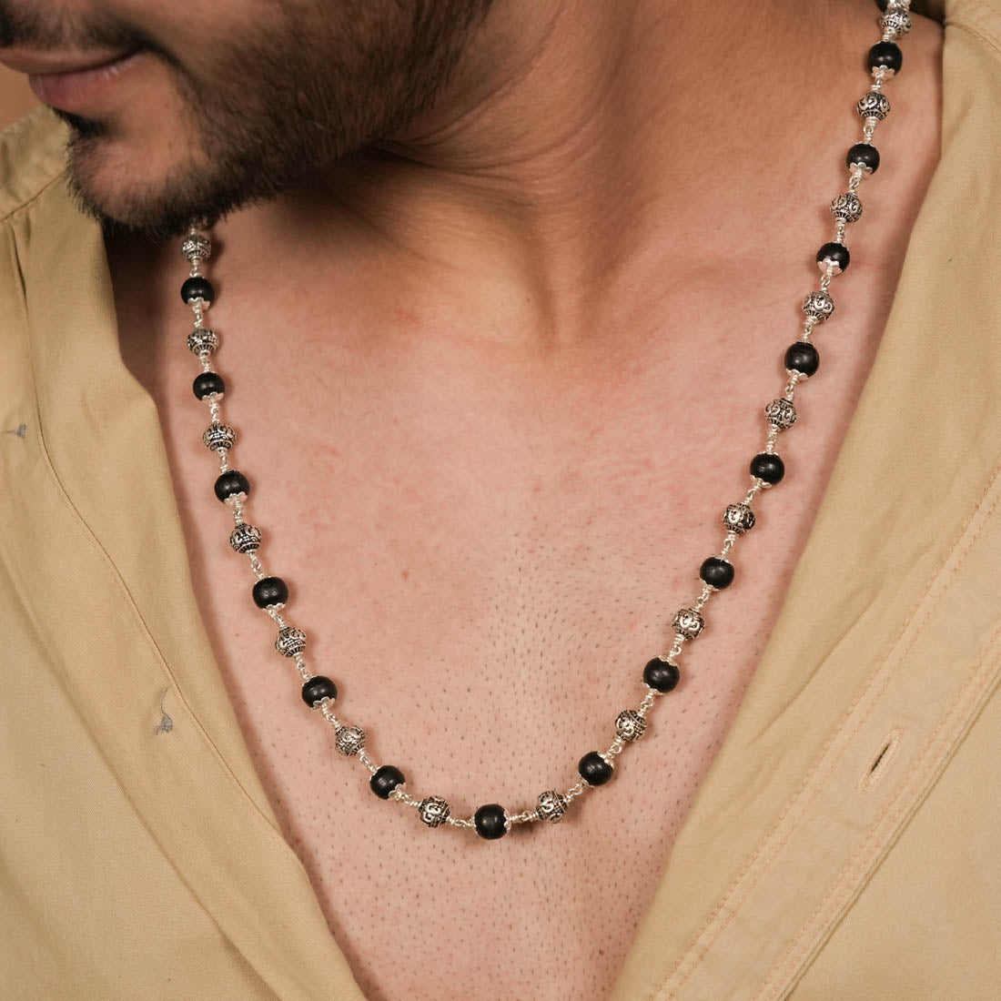 Prinjal Jewellers Karungali With Om Silver Beads Mala - view 3