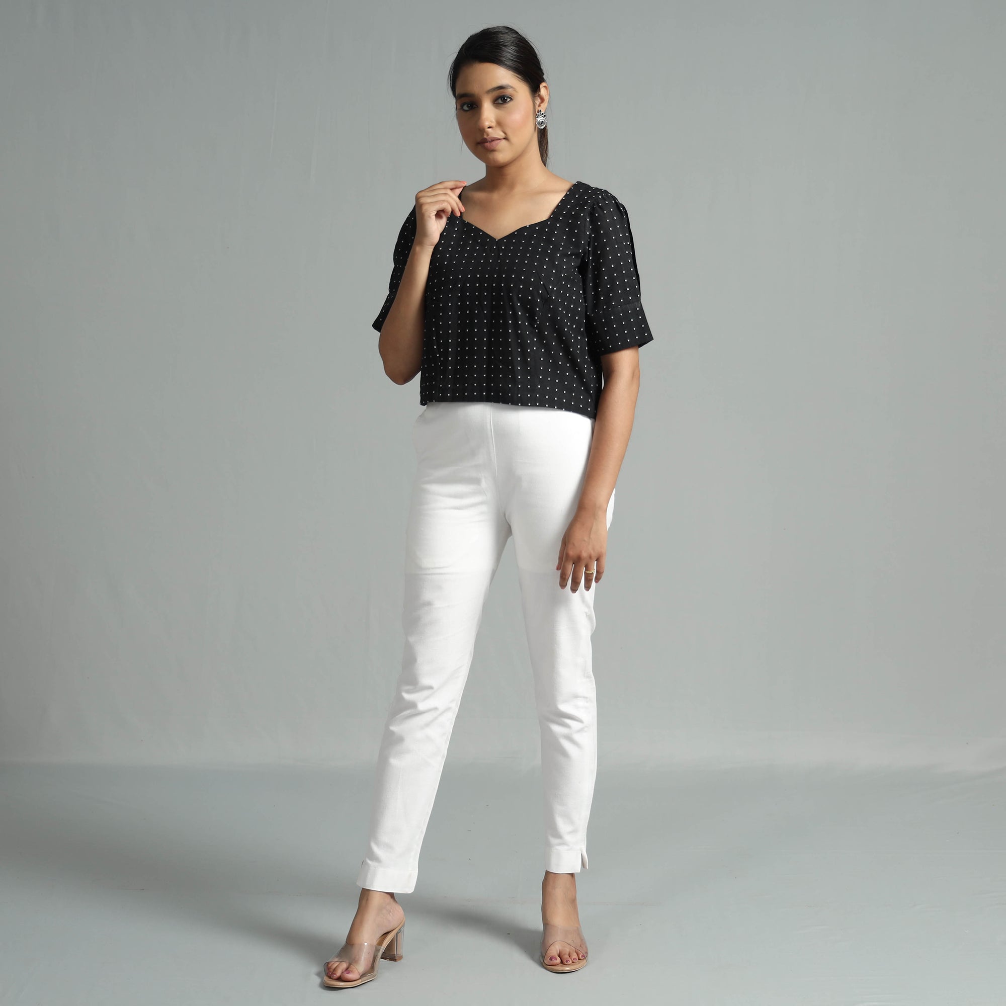 ITOKRI CASUALS Black Jacquard Half Sleeve Cotton Crop Top - view 2