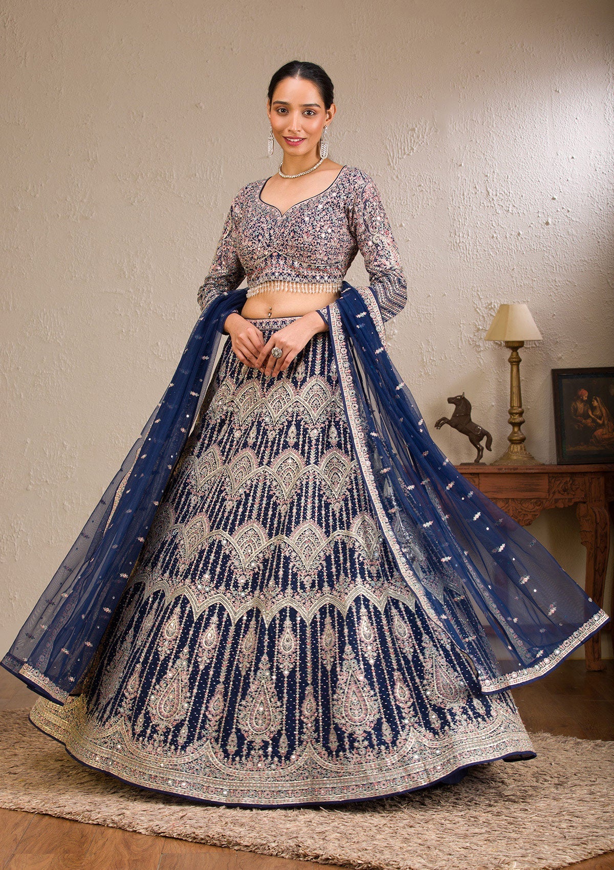 Koskii Navy Blue Zariwork Raw Silk Readymade Lehenga