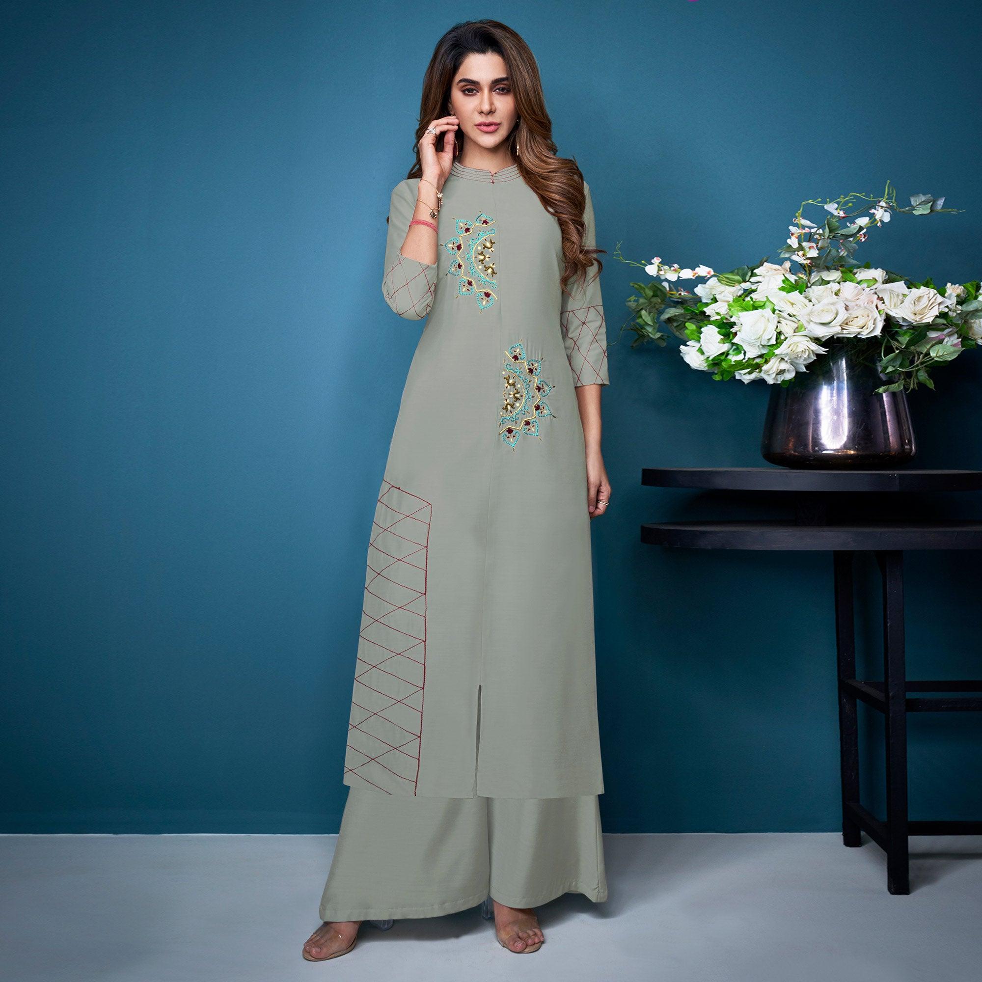 Peachmode Seller Grey Partywear Embroidered Handwork Silk Kurti Palazzo Set - view 2