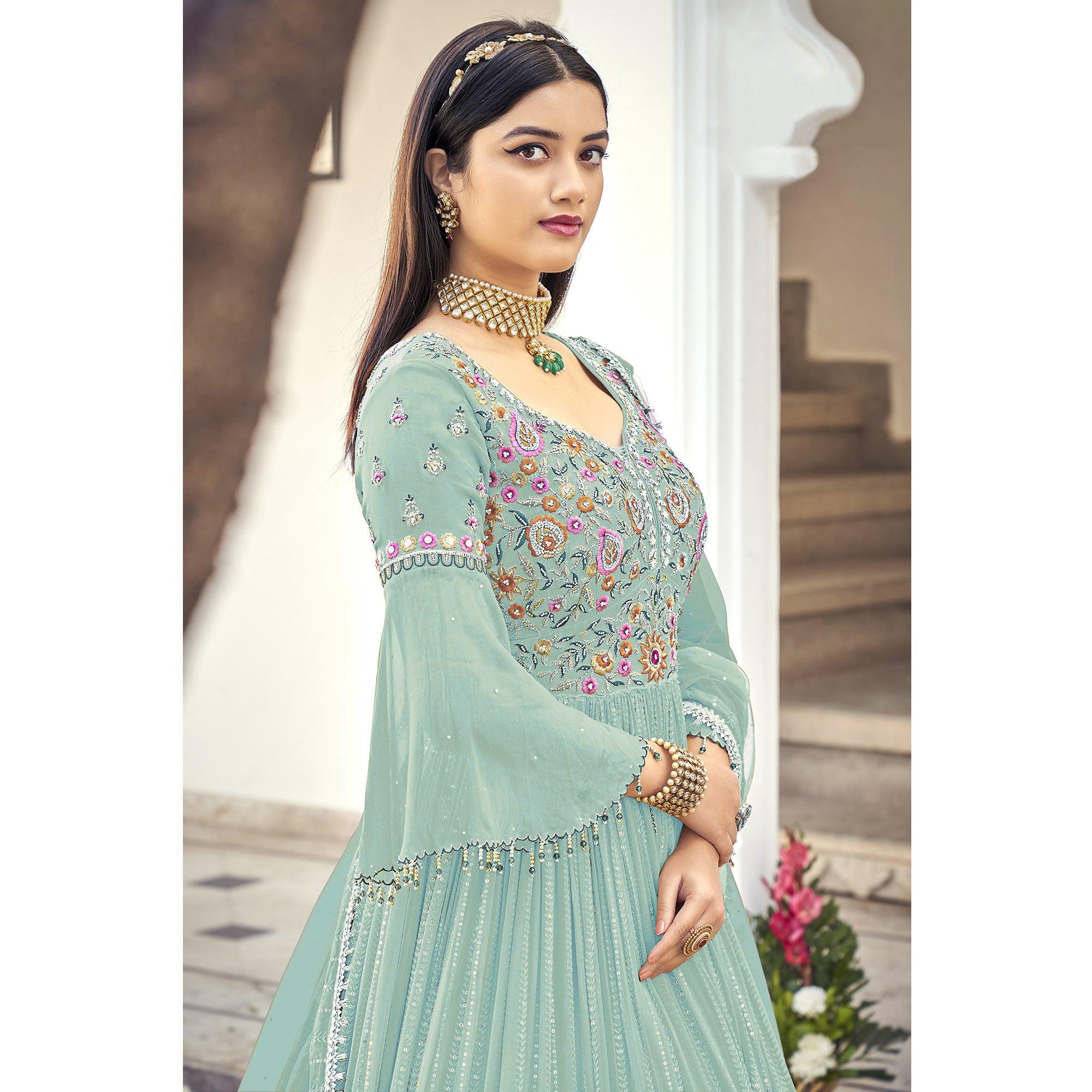 Peachmode Light Blue Embroidered With Embellished Georgette Anarkali Style Gown - view 4