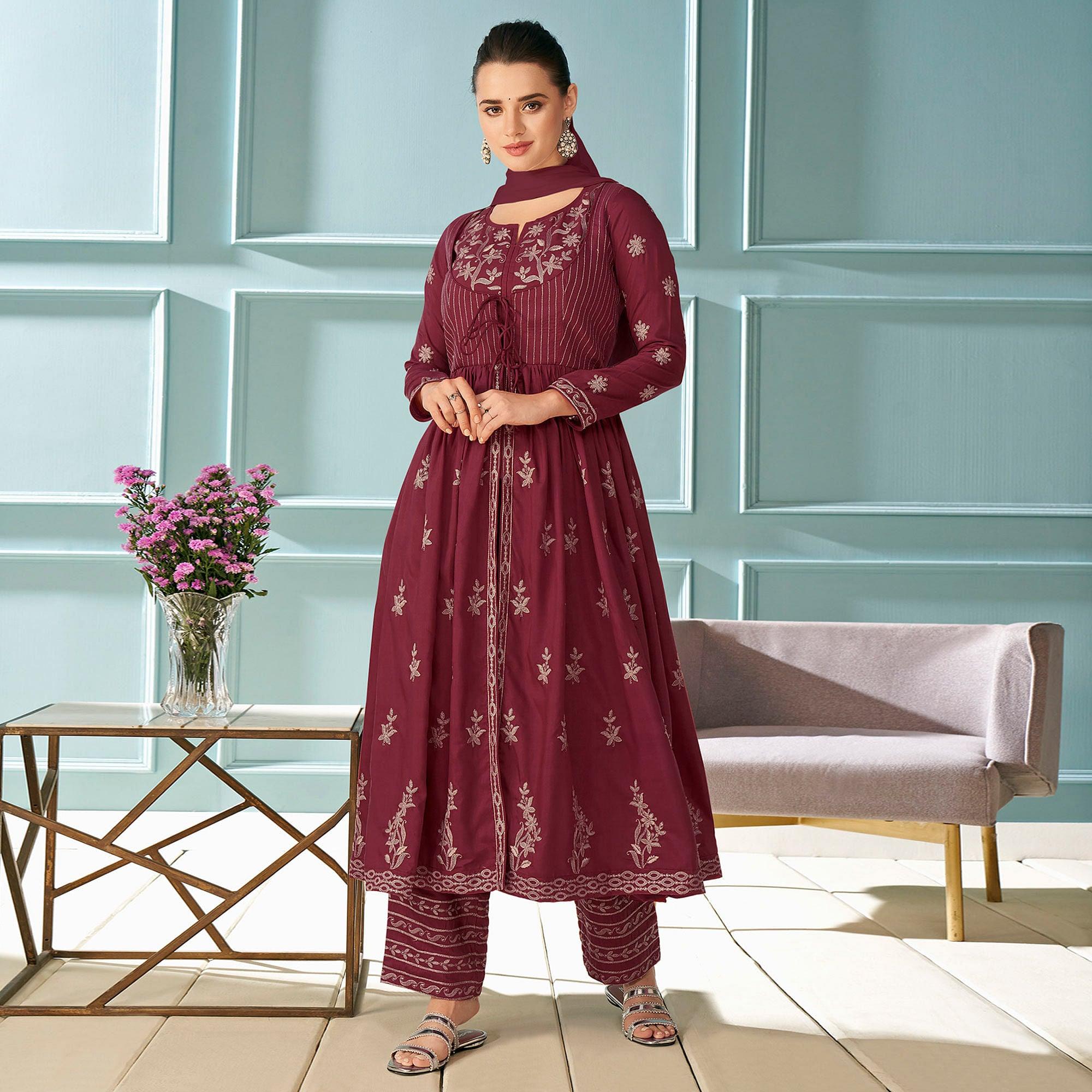 Peachmode Seller Maroon Partywear Embroidered Rayon Kurti - Palazzo Set With Dupatta