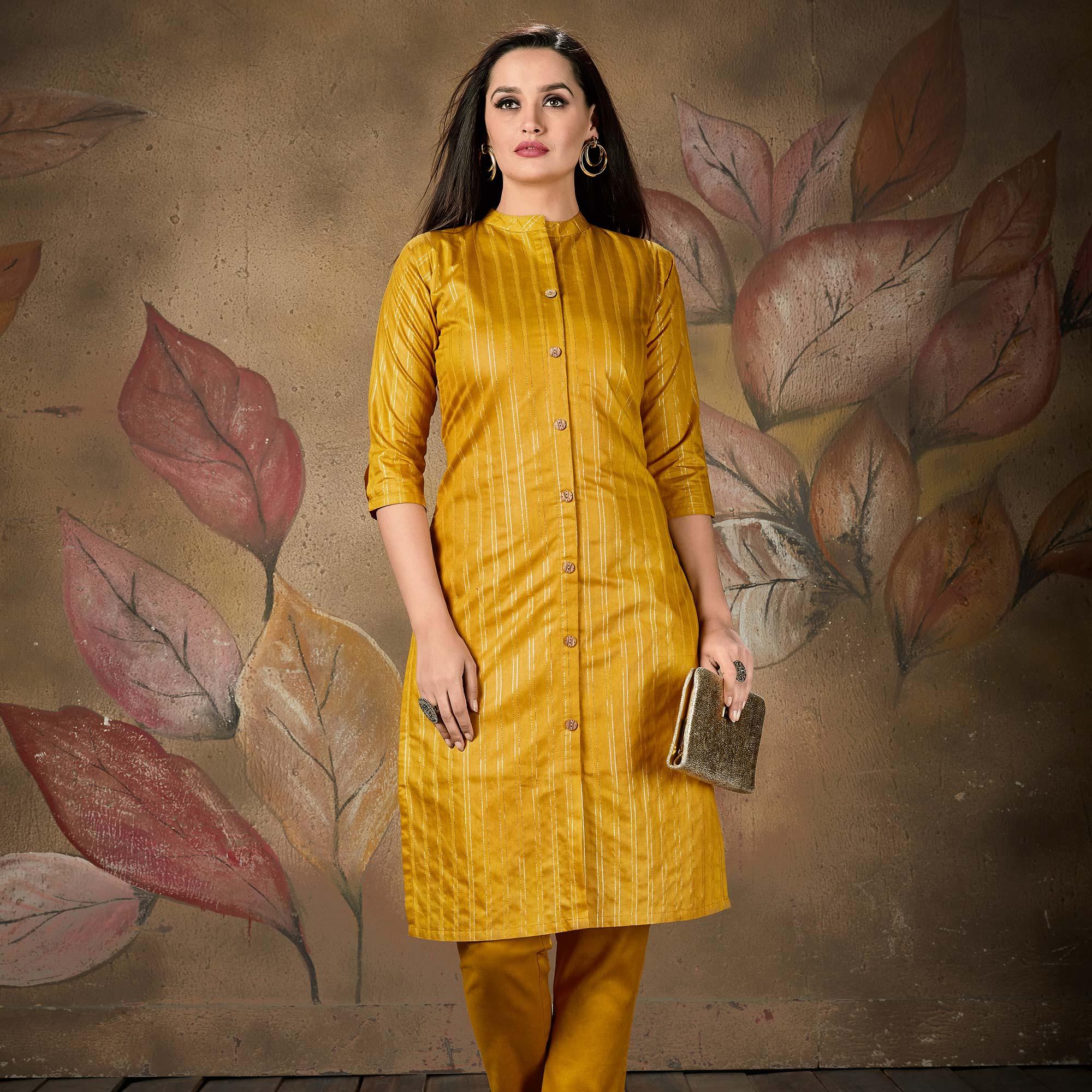 Peachmode Seller Majesty Lovely Mustard Yellow Colored Casual Wear Printed Cotton Kurti