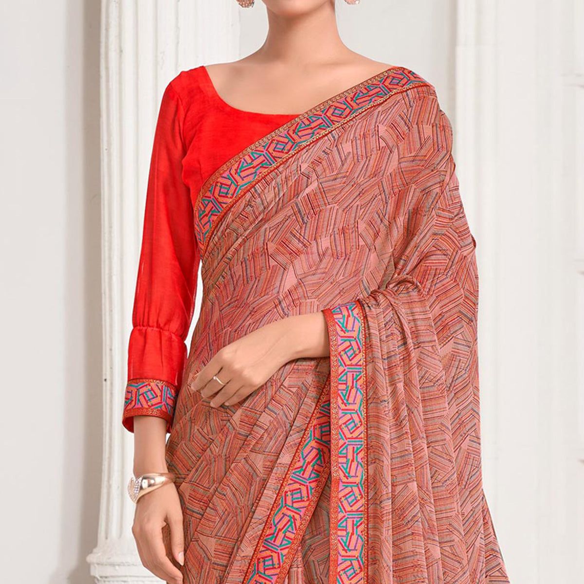 Peachmode Brick Red Geometric Printed Chiffon Saree With Lace Border - view 3