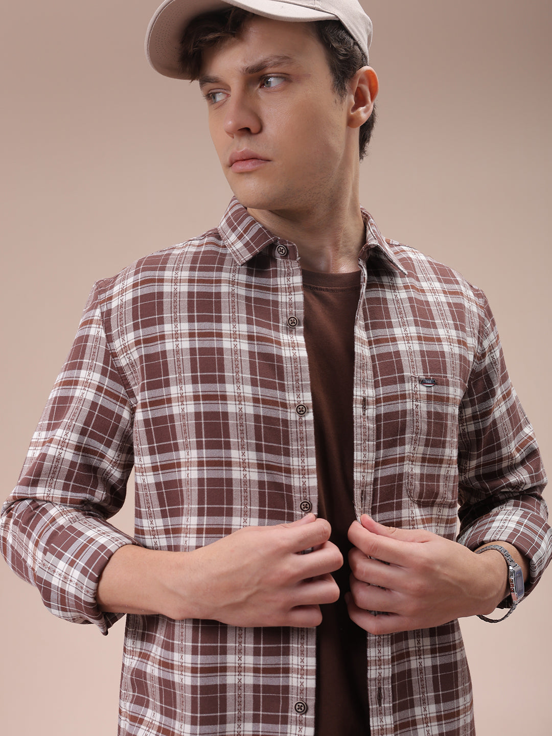 The Indian Garage Co Men's Brown Slim Fit Checked Shirt