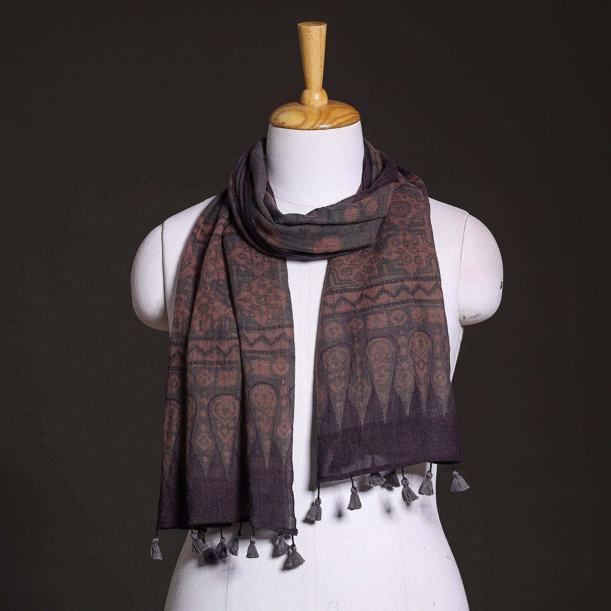 AJRAKH BY SUFIYAN ISMAIL KHATRI Brown - Ajrakh Hand Block Printed Pure Woolen Stole