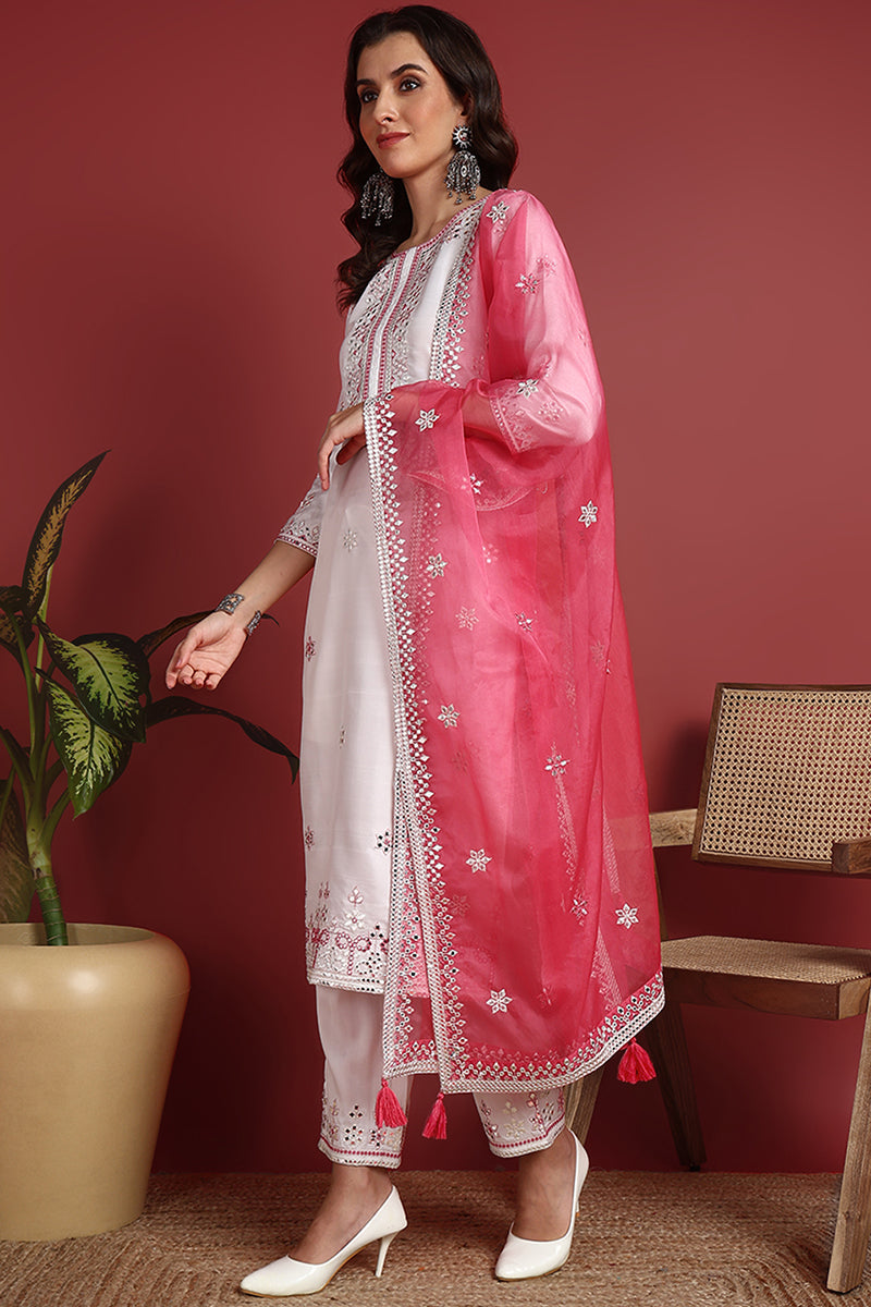 Ahika White Silk Blend Solid Embroidered Straight Suit Set PKSKD2422 - view 3