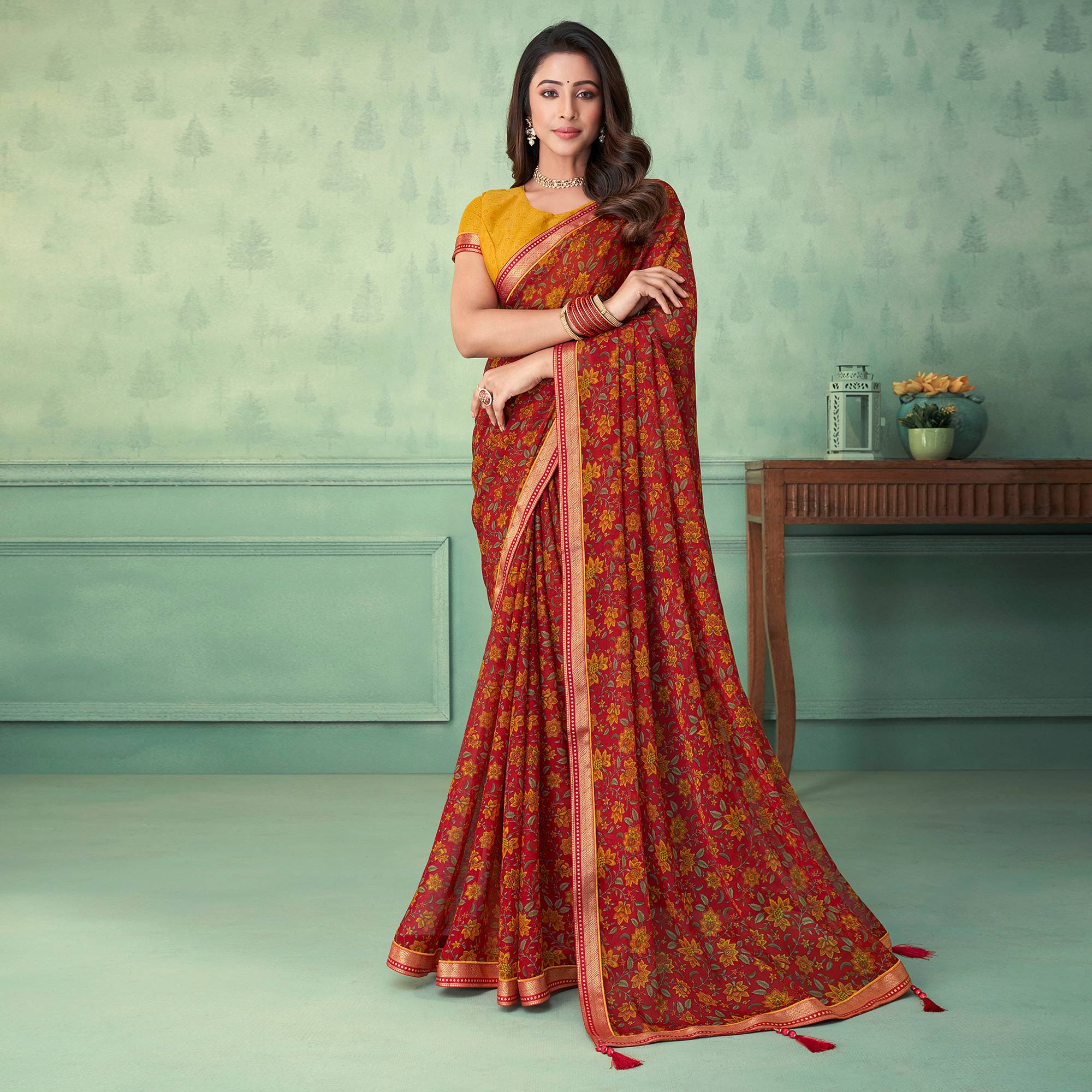 Peachmode Maroon Floral Printed Chifon Saree With Lace Border