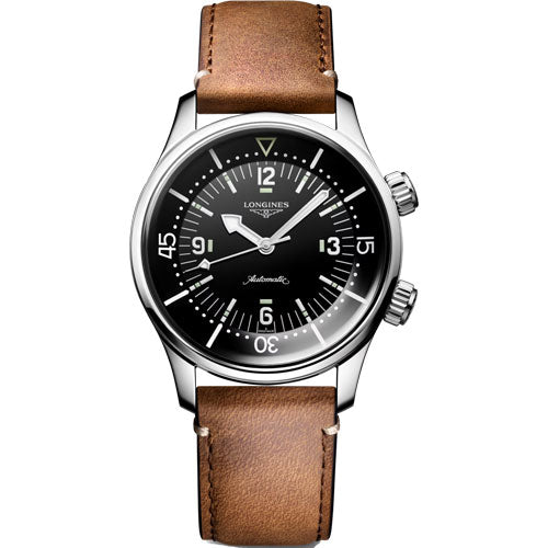 Longines Legend Diver Black Lacquered Polished Dial & Brown Strap Unisex Watch