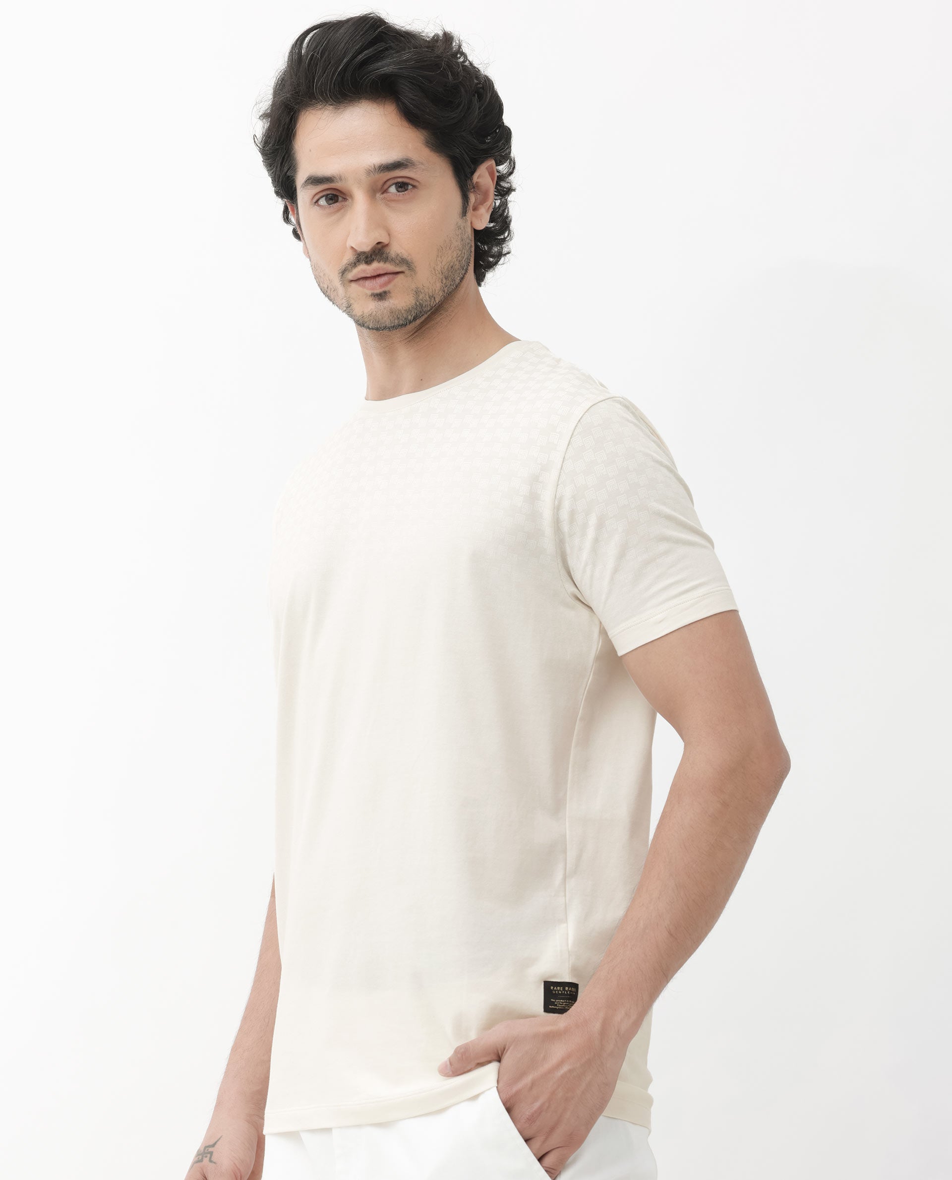 Rare Rabbit Articale Mens Tully Beige Cotton Polyester Fabric Short Sleeve Crew Neck Regular Fit Monogram Printed T-Shirt - view 10
