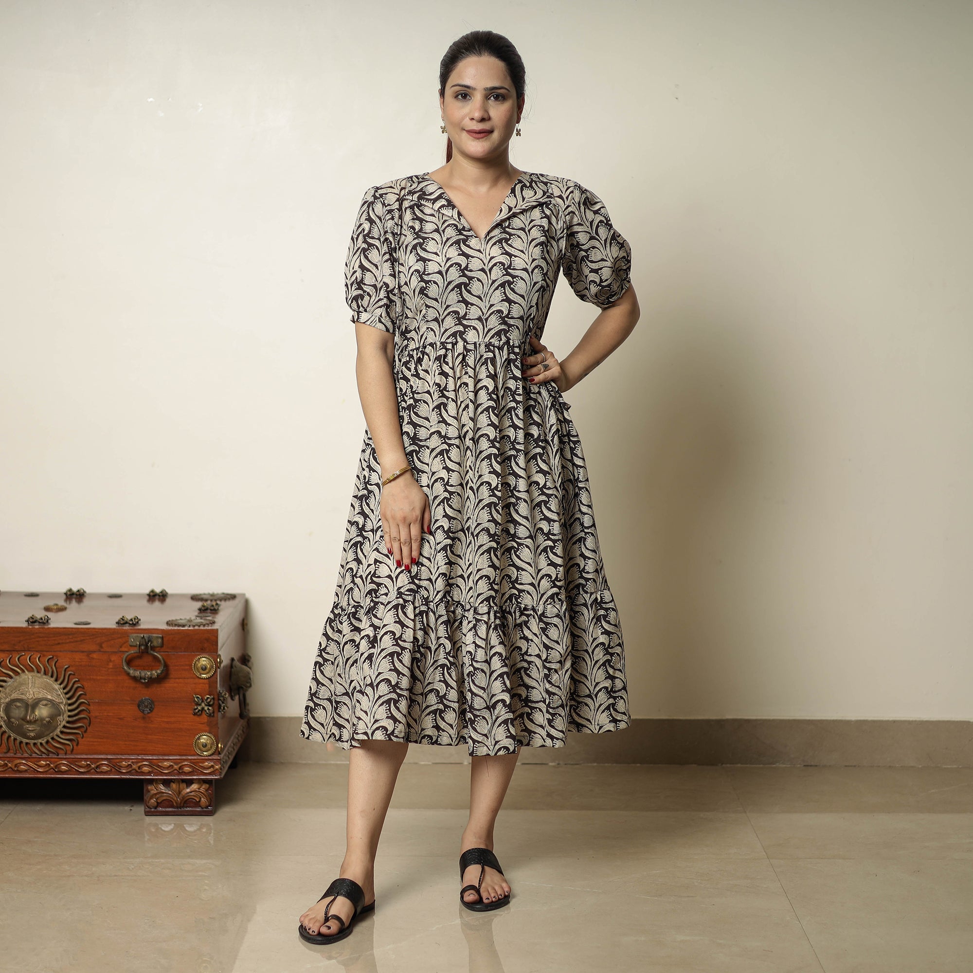 ITOKRI CASUALS Beige - Bagru Block Printed Cotton Tiered Dress 14