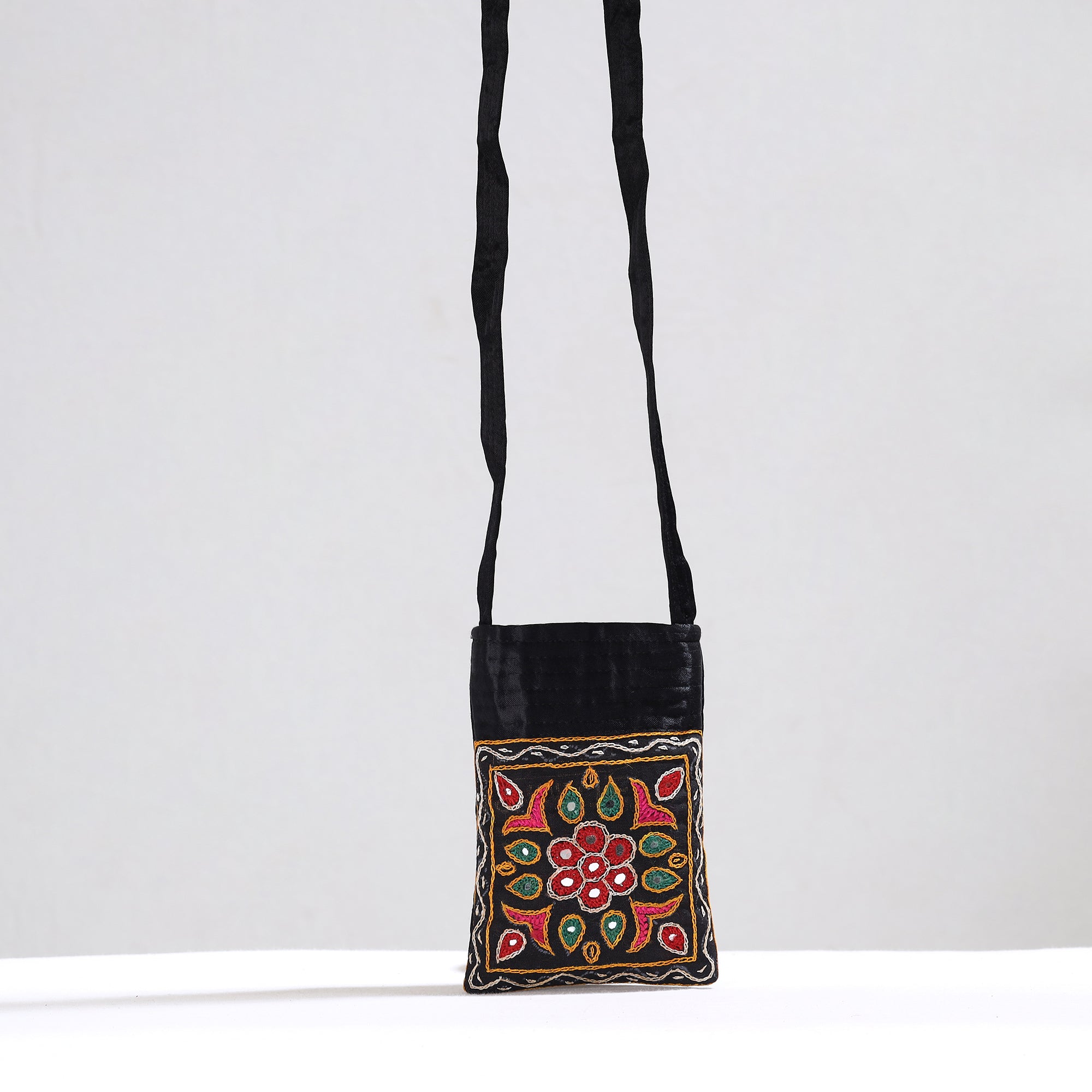 KACHCHH JI CHHAAP Black - Kutch Pakko Hand Embroidery Mirror Work Mashru Silk Sling Bag 83