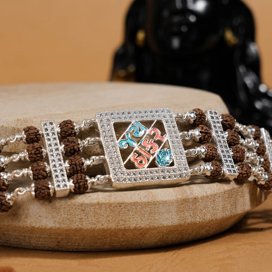 Prinjal Jewellers Rudraksha Silver Jay Thakar Four Line Bracelet