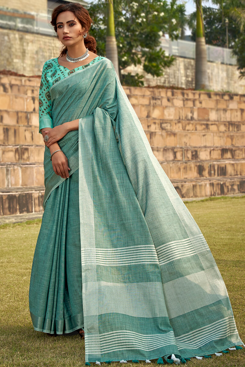 Rajpath Lassitude Sea Green Cotton Silk Saree With Resplendent Blouse Piece