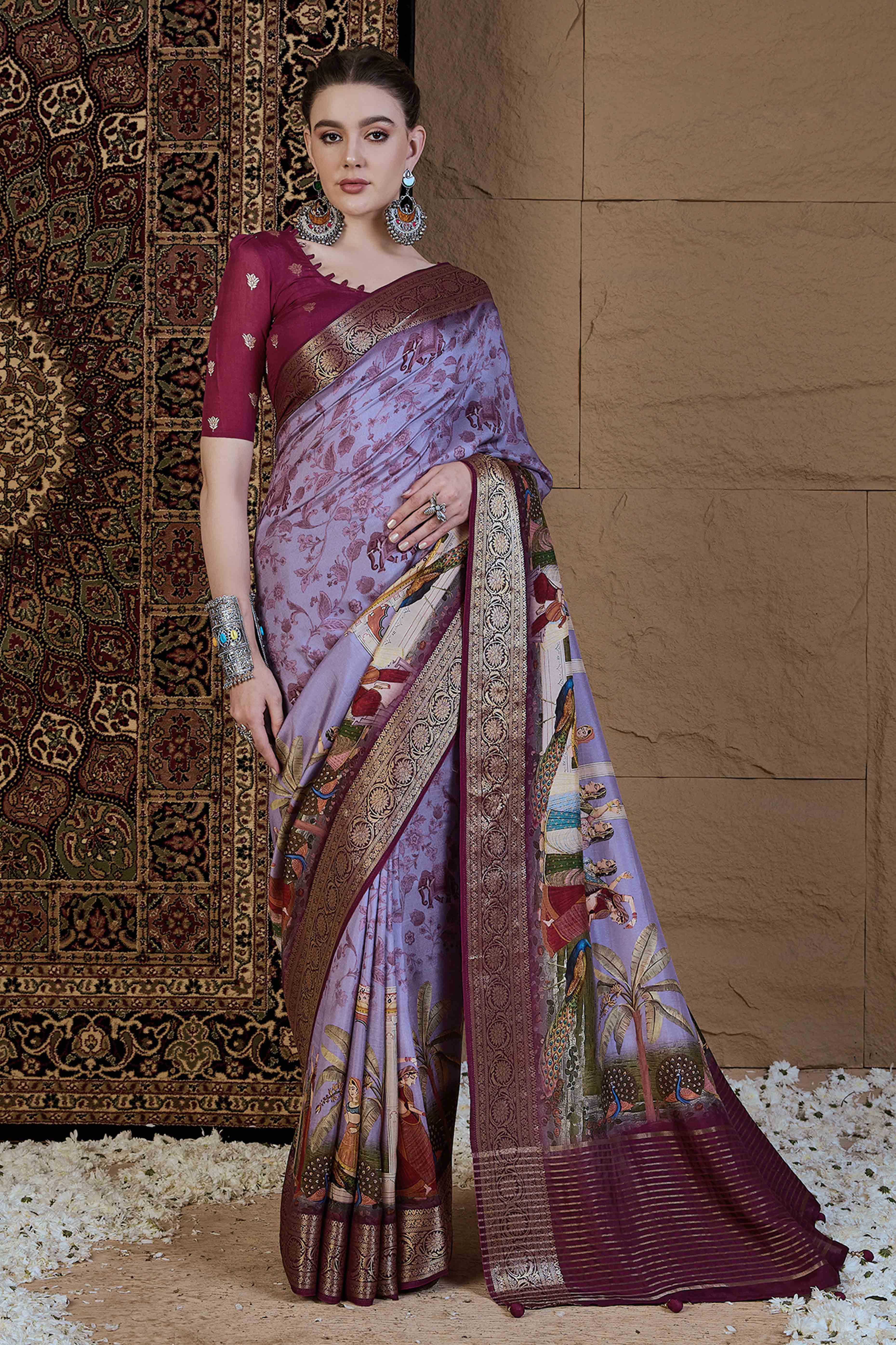 Peachmode Lavender Floral Printed Viscose Saree