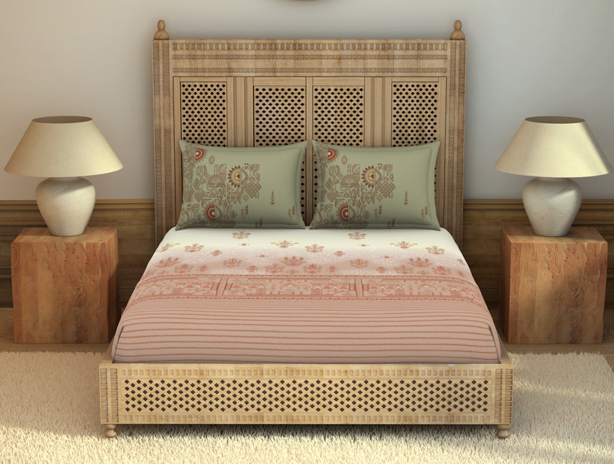 Spaces India Godna Ornate Beige 100% Cotton King Size Bedsheet - Rangana by Spaces