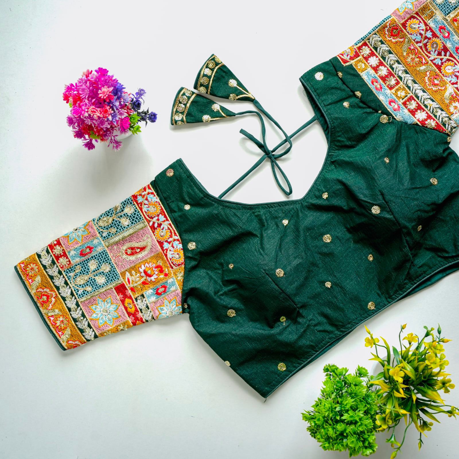 ClothsVilla Dark Green Golden Embroidered Seoul Silk Blouse with Sequins - view 2
