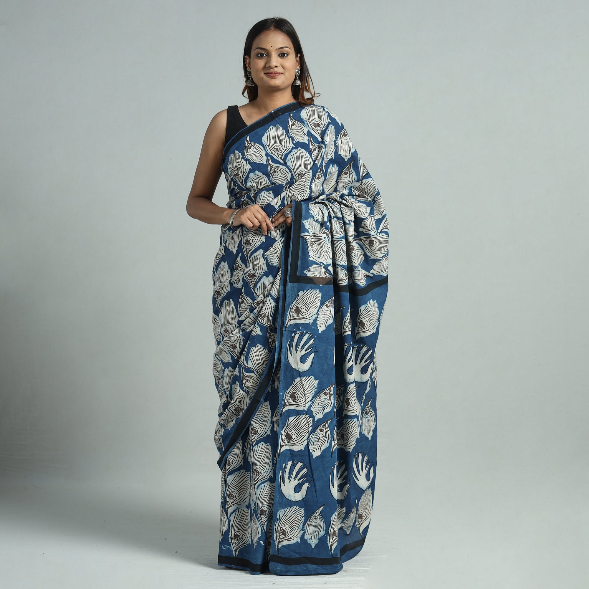 BINDAAS UNLIMITED Blue - Bindaas Art Block Printed Natural Dyed Cotton Saree 04