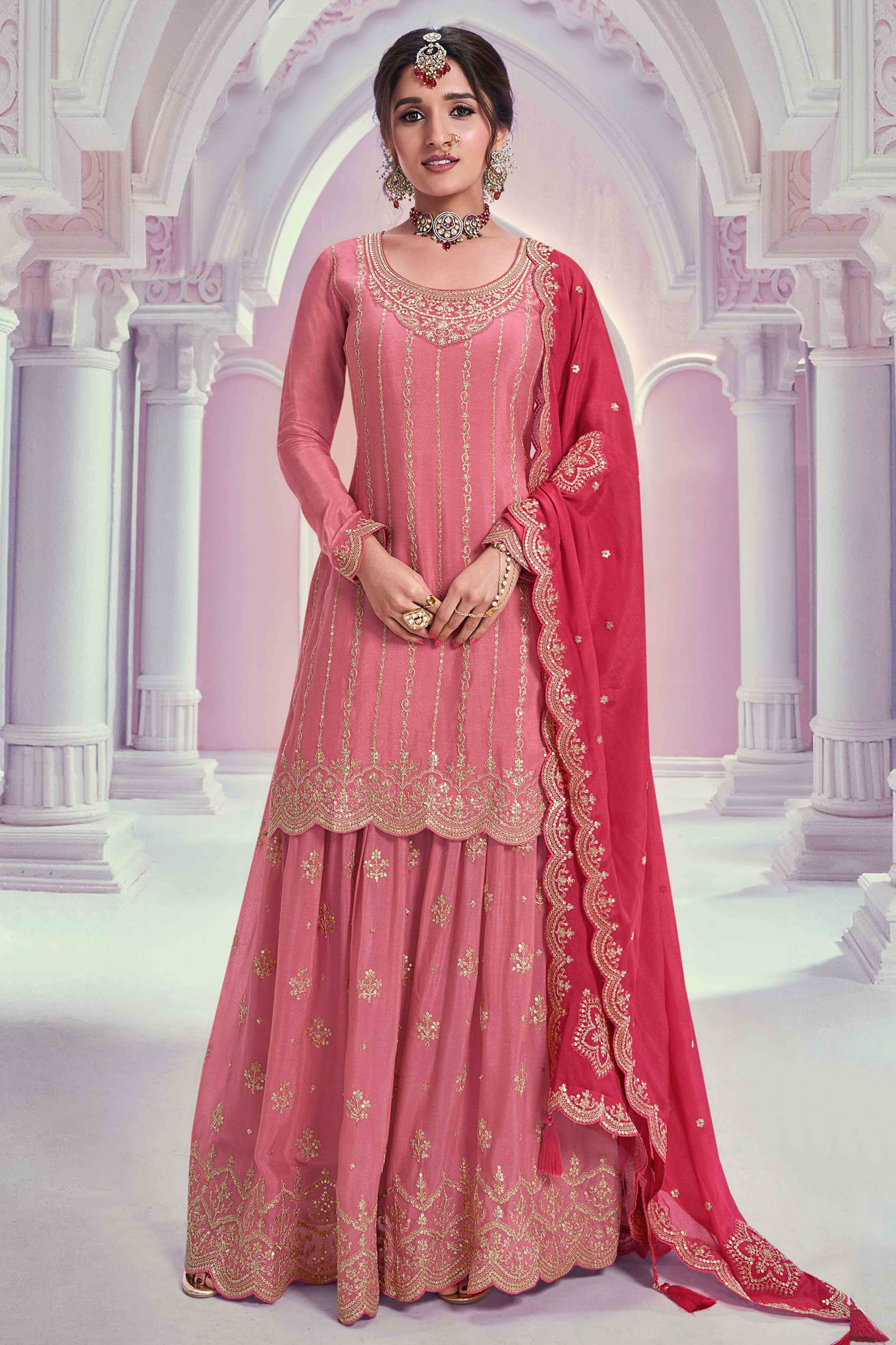 Peachmode Seller Gajari Pink Sequins Embroidered Chinon Sharara Suit