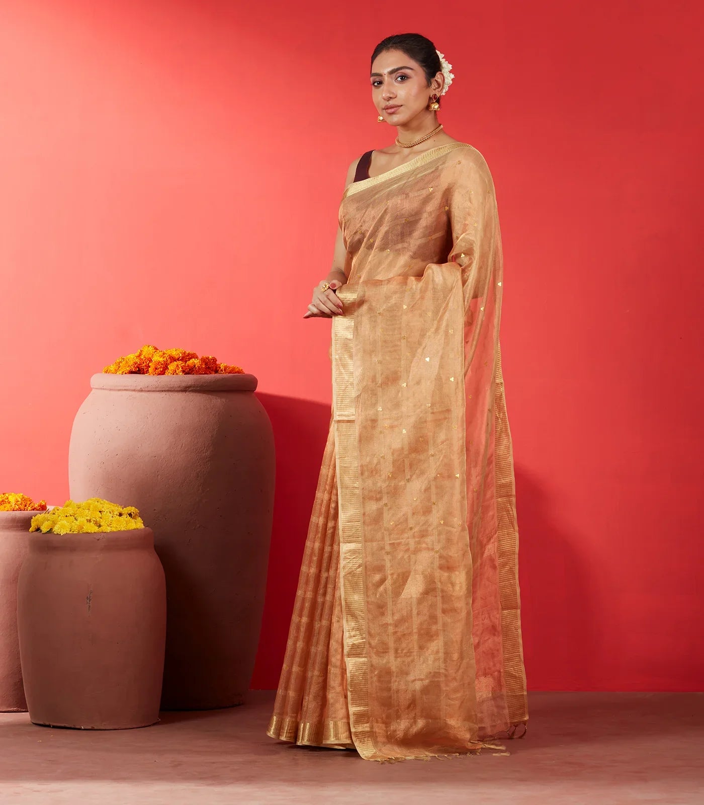RmKV Gold Blended Tussar Tissue Saree With Buttas-Gold