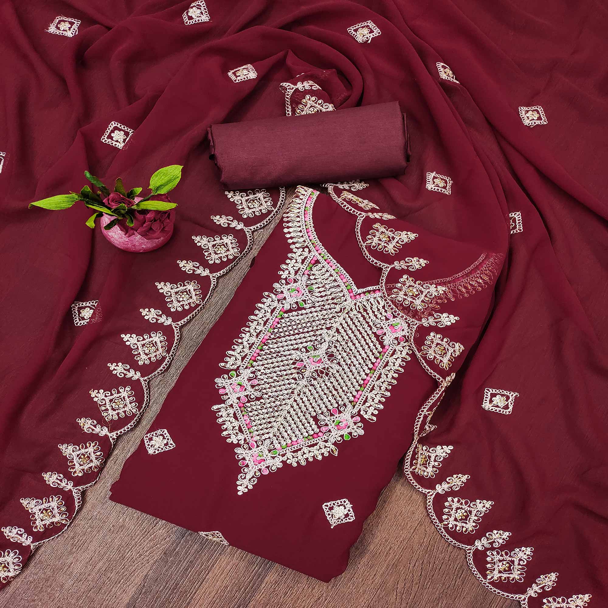 Peachmode Maroon Sequins Embroidered Georgette Dress Material