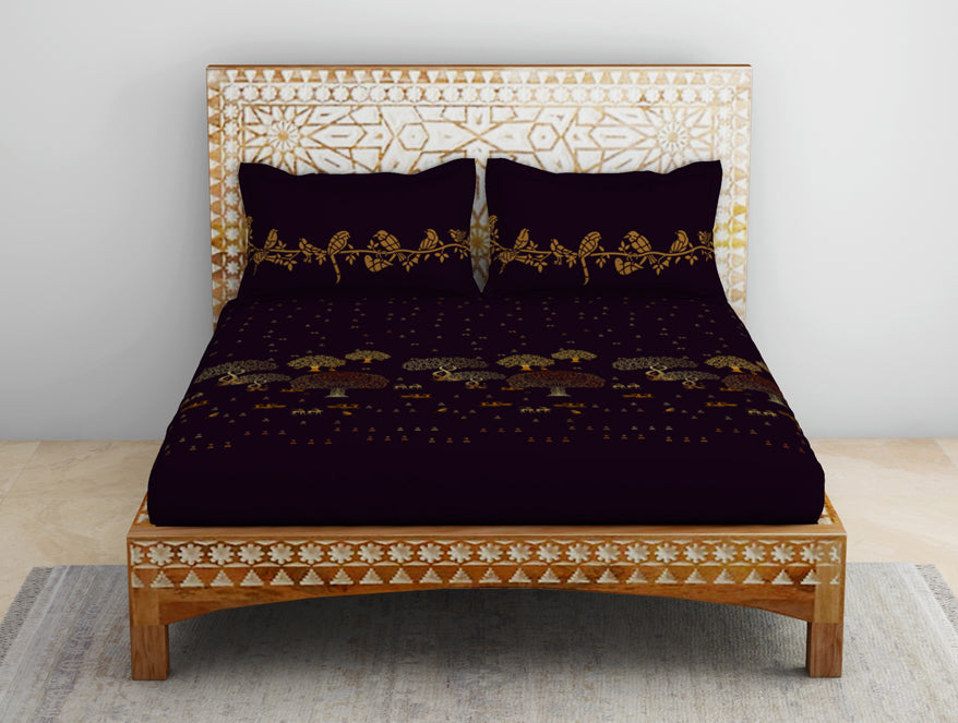 Spaces India Sanjhi Ornate Dark Violet 100% Cotton King Size Bedsheet - Rangana by Spaces