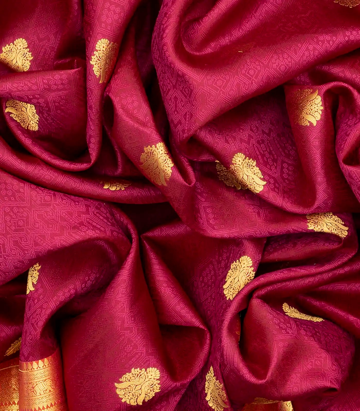 RmKV Magenta Silk Saree With Peacock Zari Buttas & Contrast Border-Magenta - view 3