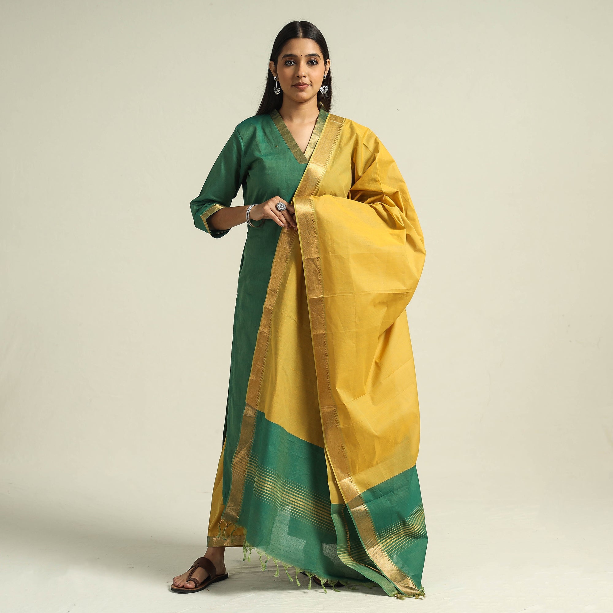 ITOKRI CASUALS Green - Mangalagiri Handloom Cotton Kurta with Palazzo & Dupatta Set - view 2