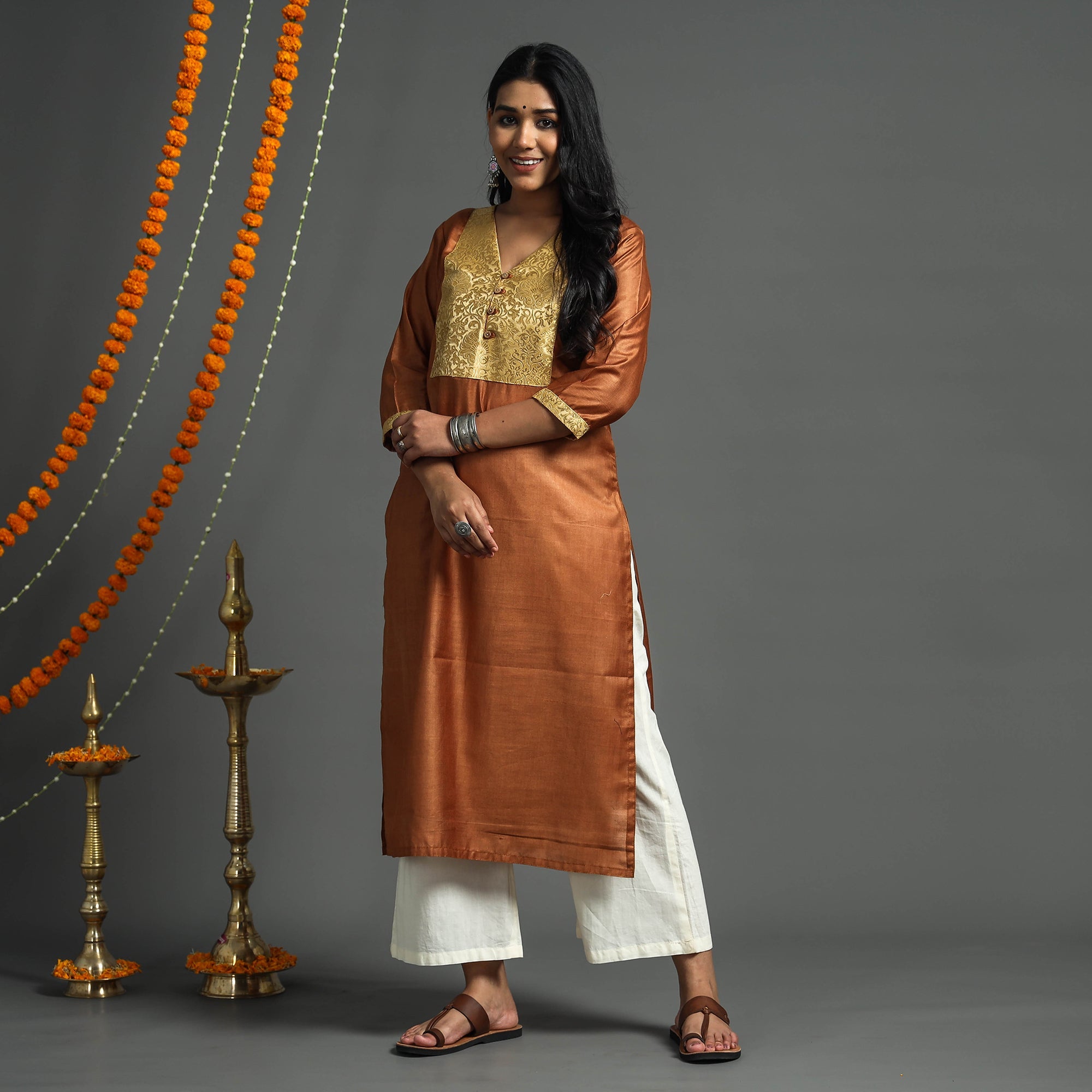 ITOKRI CASUALS Brown - Plain Tussar Silk Handloom Banarasi Patchwork Straight Kurta - view 3