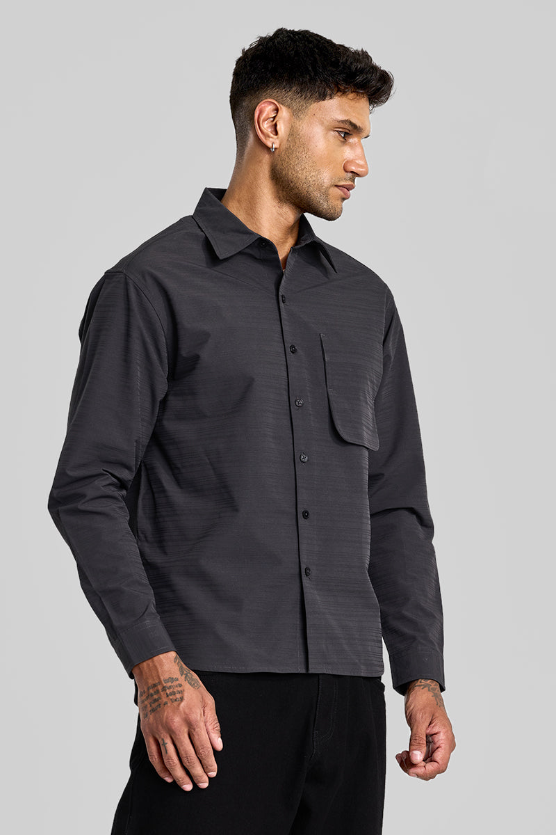 SNITCH Charcoal Grey Stripes Relaxed Fit Overshirt - view 5