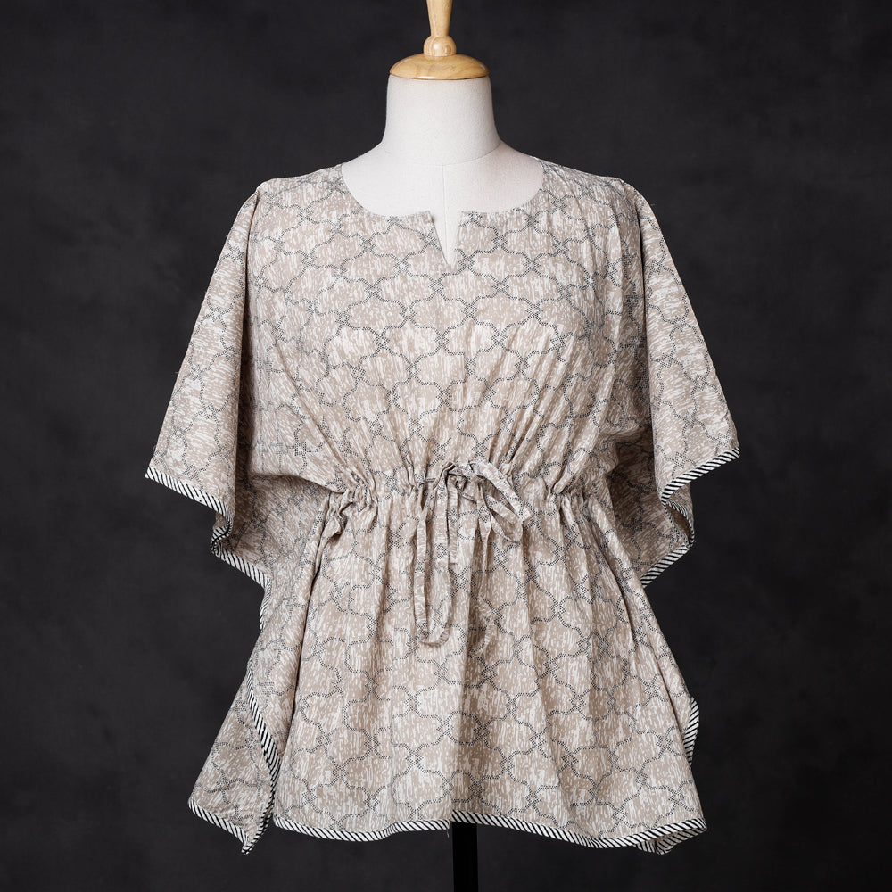 CHUTNEY CRAFT STUDIO Brown - Hand Block Printed Cotton Kaftan with Tie-Up Waist (Short)