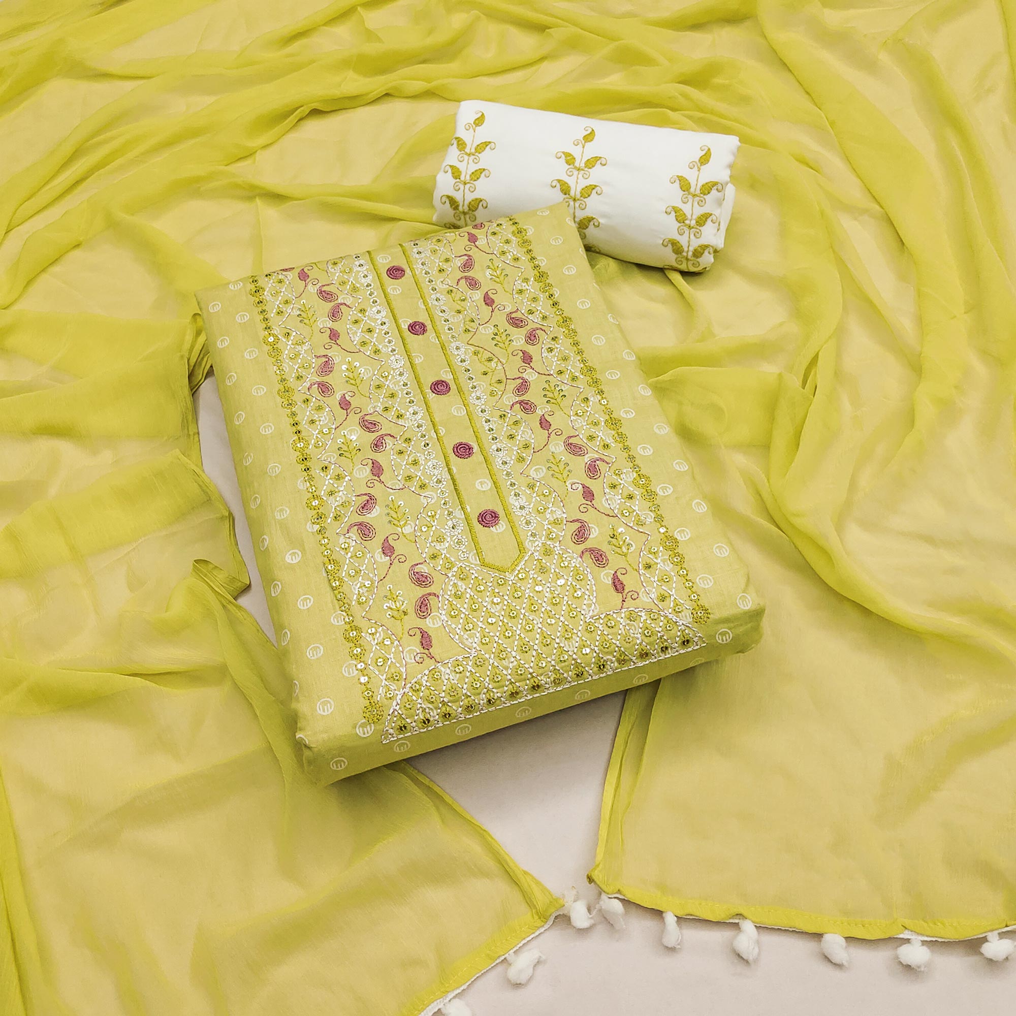Peachmode Lemon Yellow Printed With Yoke Embroidered Pure Cotton Dress Material