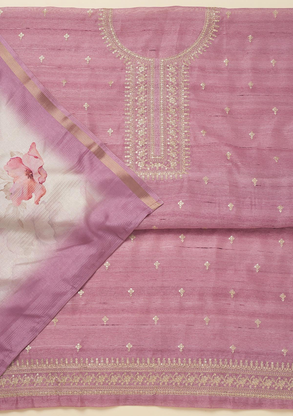 Koskii Lavender Zariwork Raw Silk Unstitched Salwar Suit - view 3