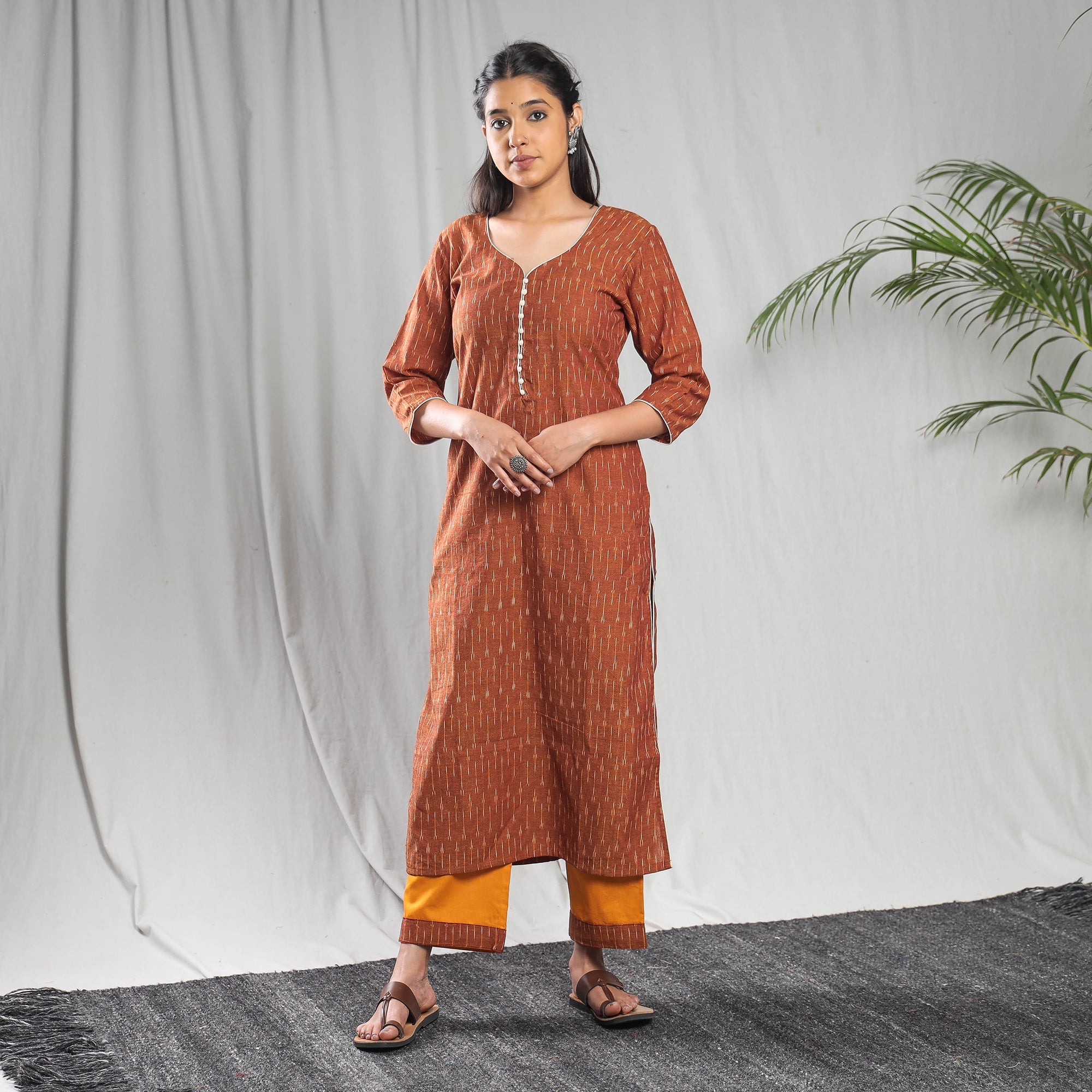 ITOKRI CASUALS Brown - Pochampally Ikat Cotton Kurta with Palazzo & Dupatta Set - view 4