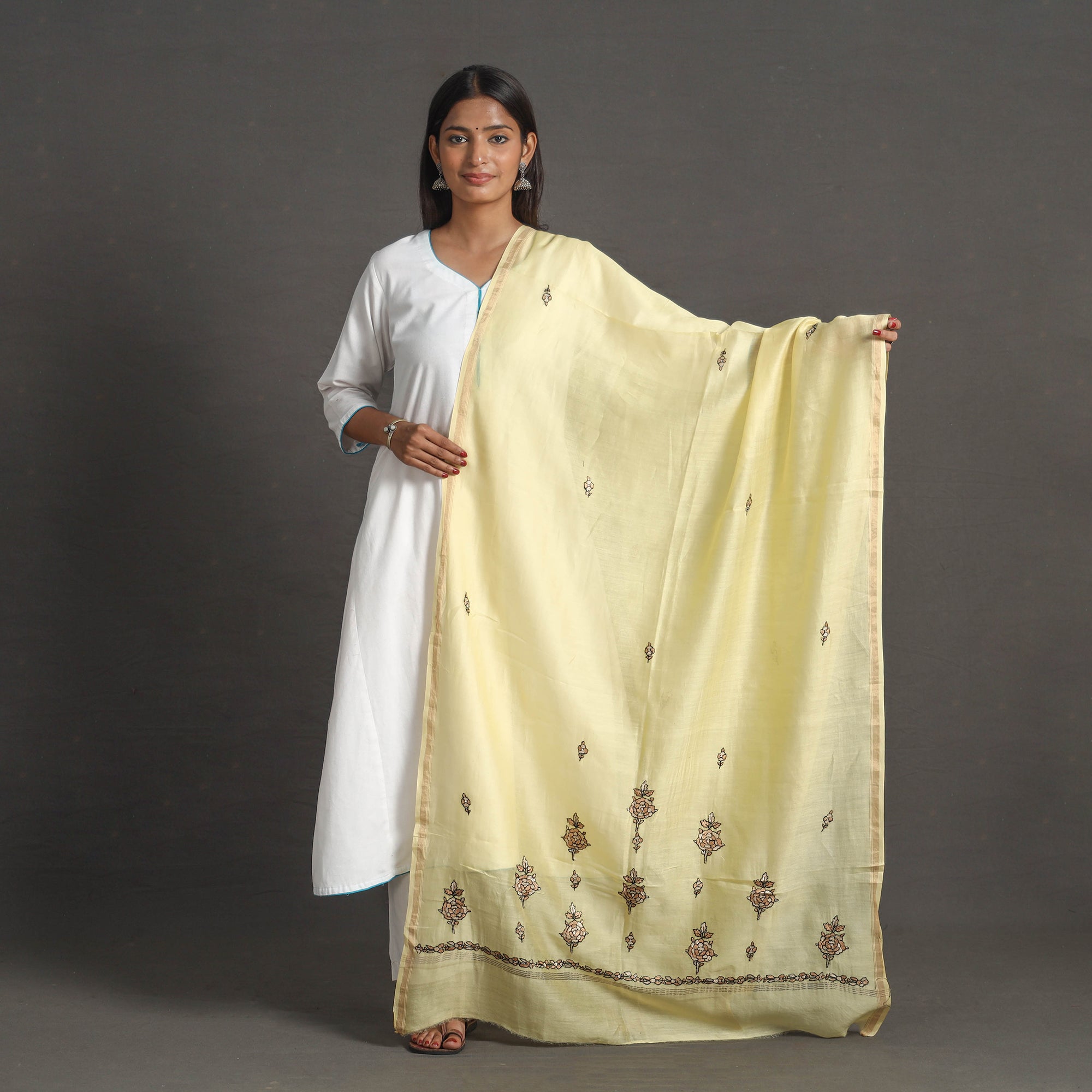 ITOKRI CRAFTS INITIATIVE Handloom Chanderi Silk Kashida Embroidery Dupatta 32