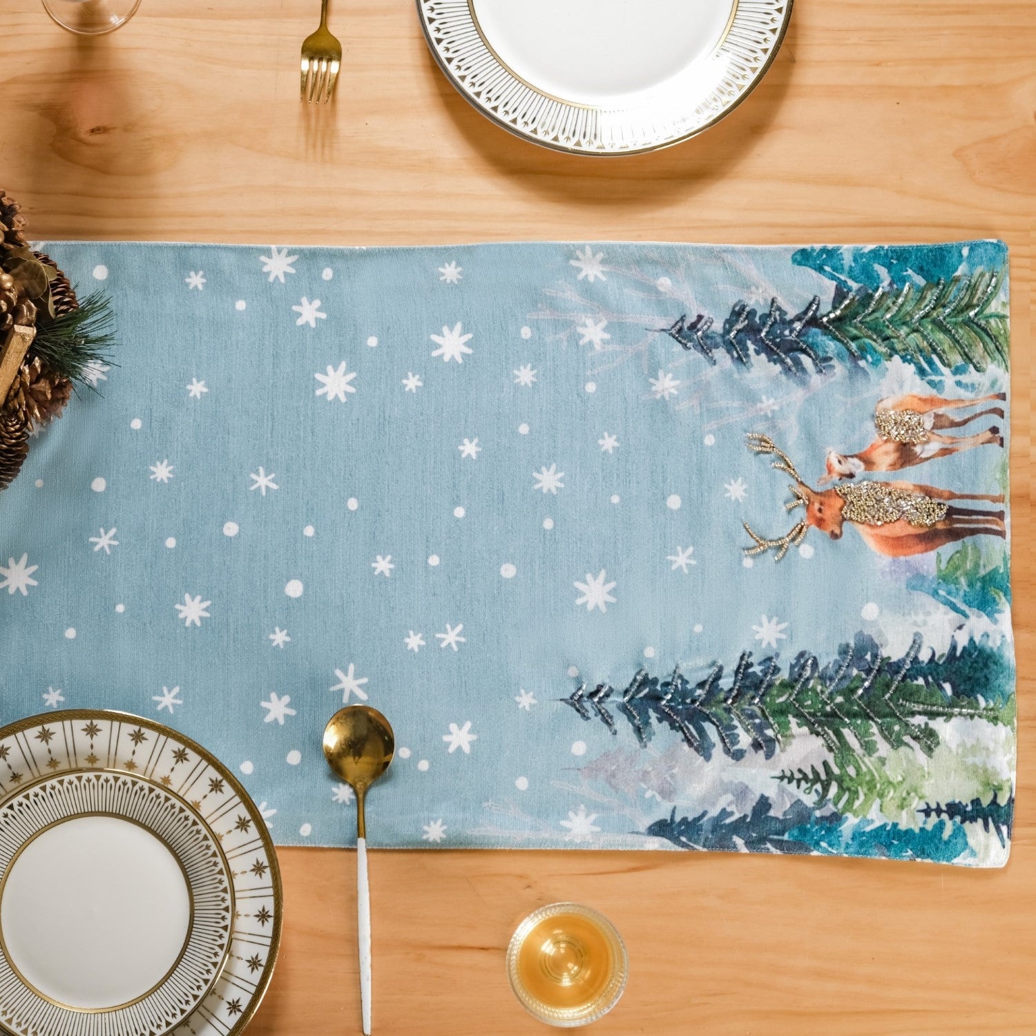 Nestasia Stag And Doe In Snow Print Embellished Dining Table Runner - view 7